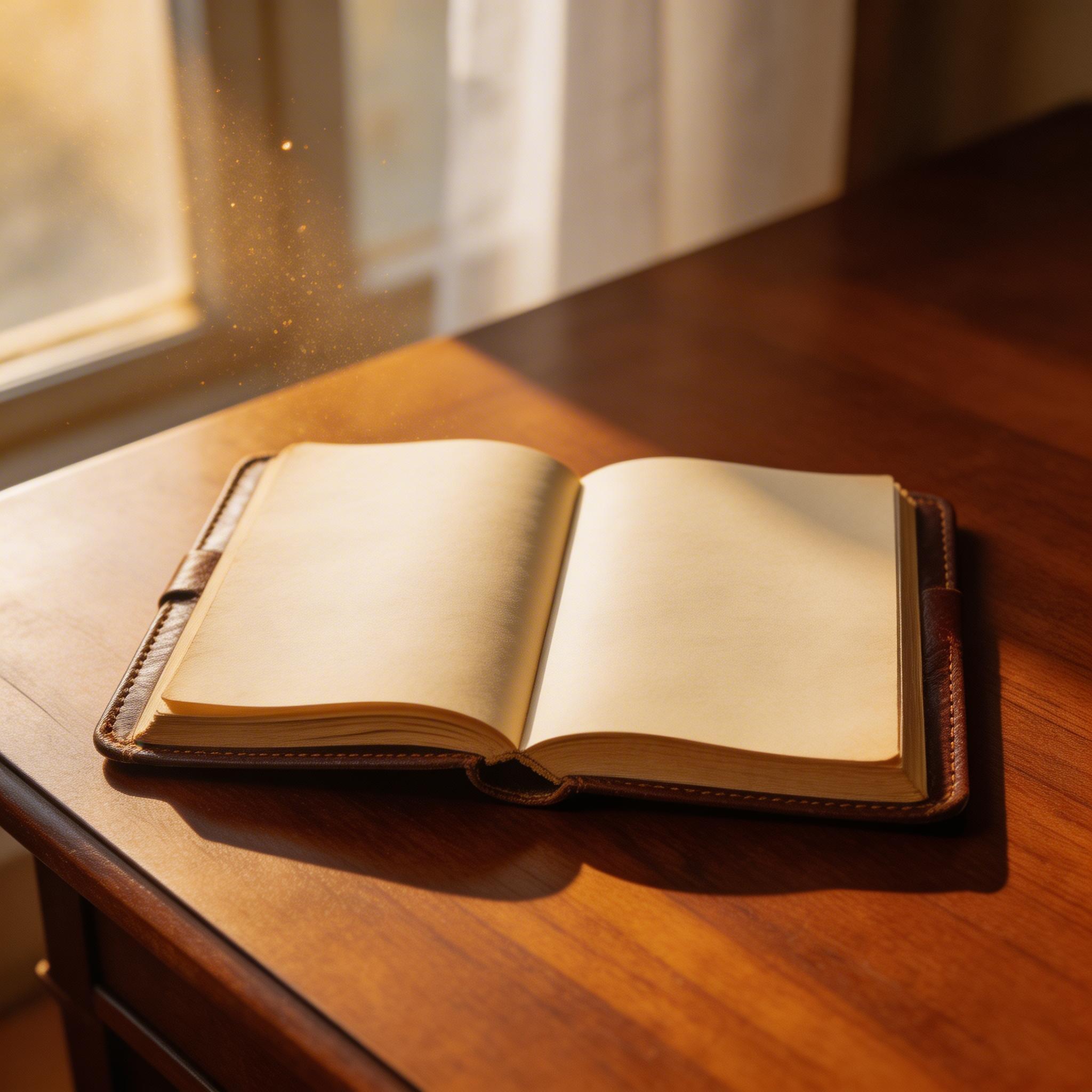 Good: Specific Subject + Lighting. A vintage leather-bound journal open on a mahogany desk, warm afternoon light from a nearby window casting soft shadows, dust particles...