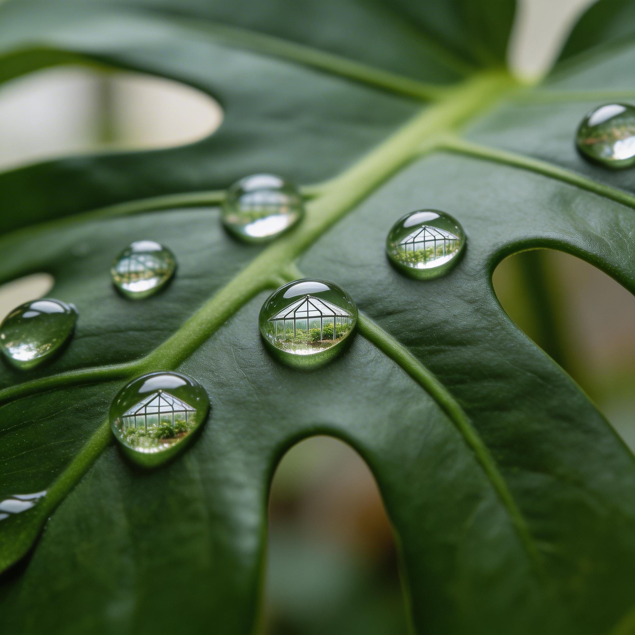 Good: Material Detail. Close-up of raindrops on a dark green monstera leaf, each droplet acting as a tiny lens reflecting the greenhouse behind, macro photography with ring...