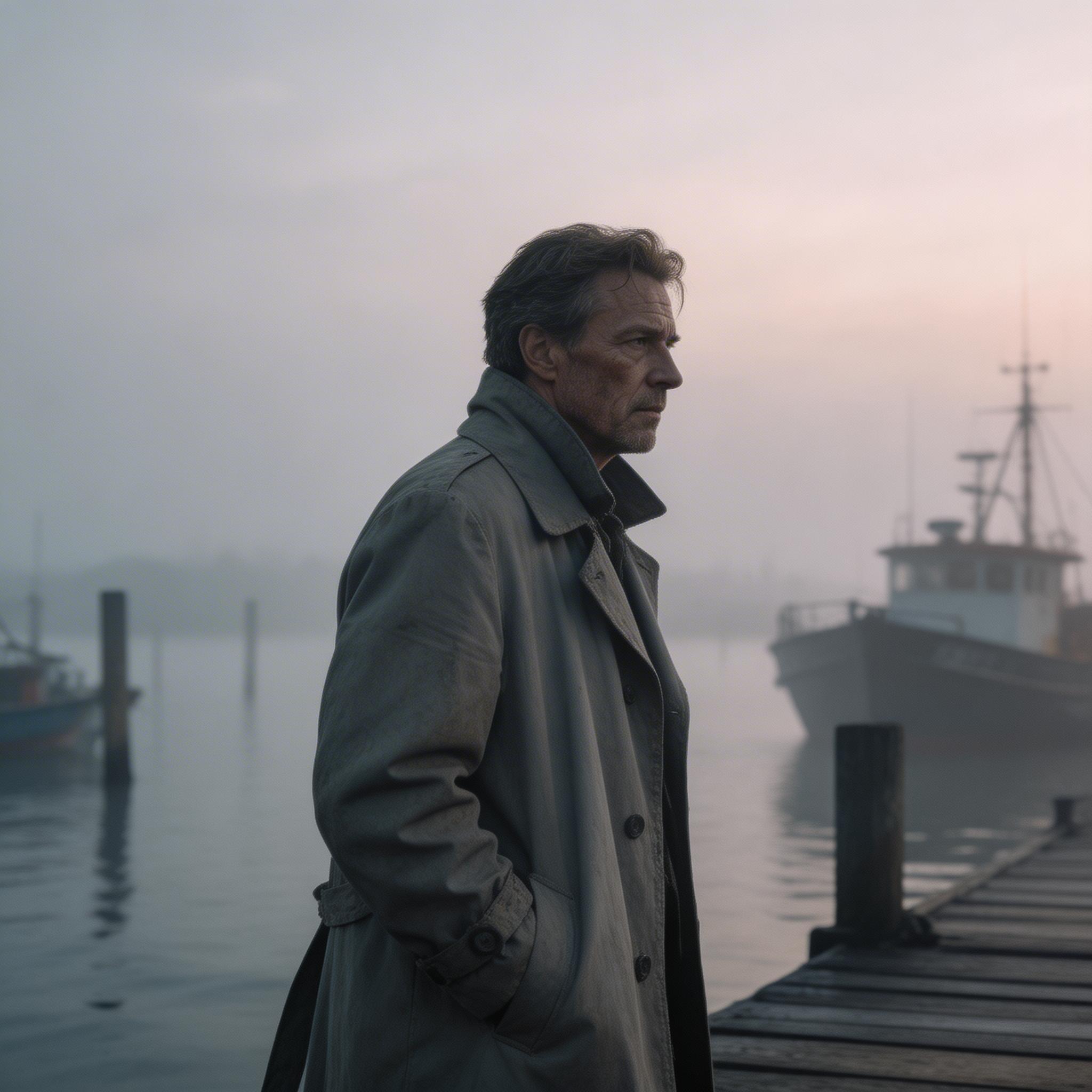 Good: Specific Subject. A middle-aged detective in a worn grey coat walks through a foggy harbor at dawn, camera tracking alongside at shoulder level, film noir atmosphere,...