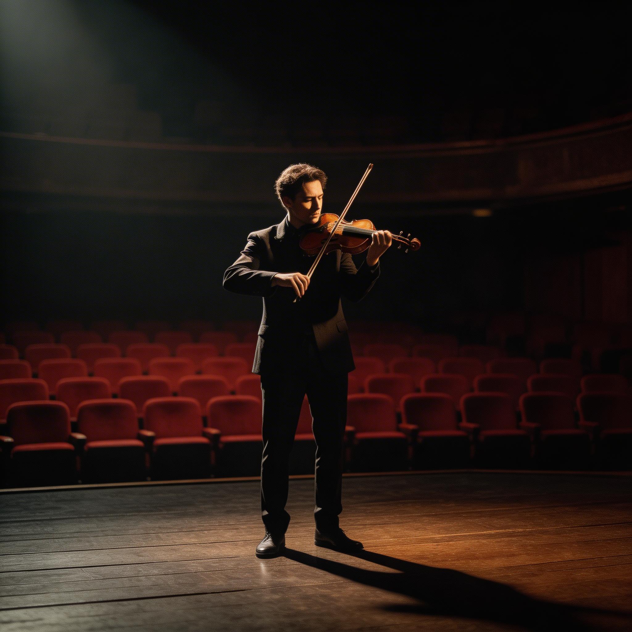 Good: Lighting + Mood. Harsh side lighting creates dramatic shadows across a violinist performing solo on an empty concert stage, slow dolly in from wide to medium shot,...