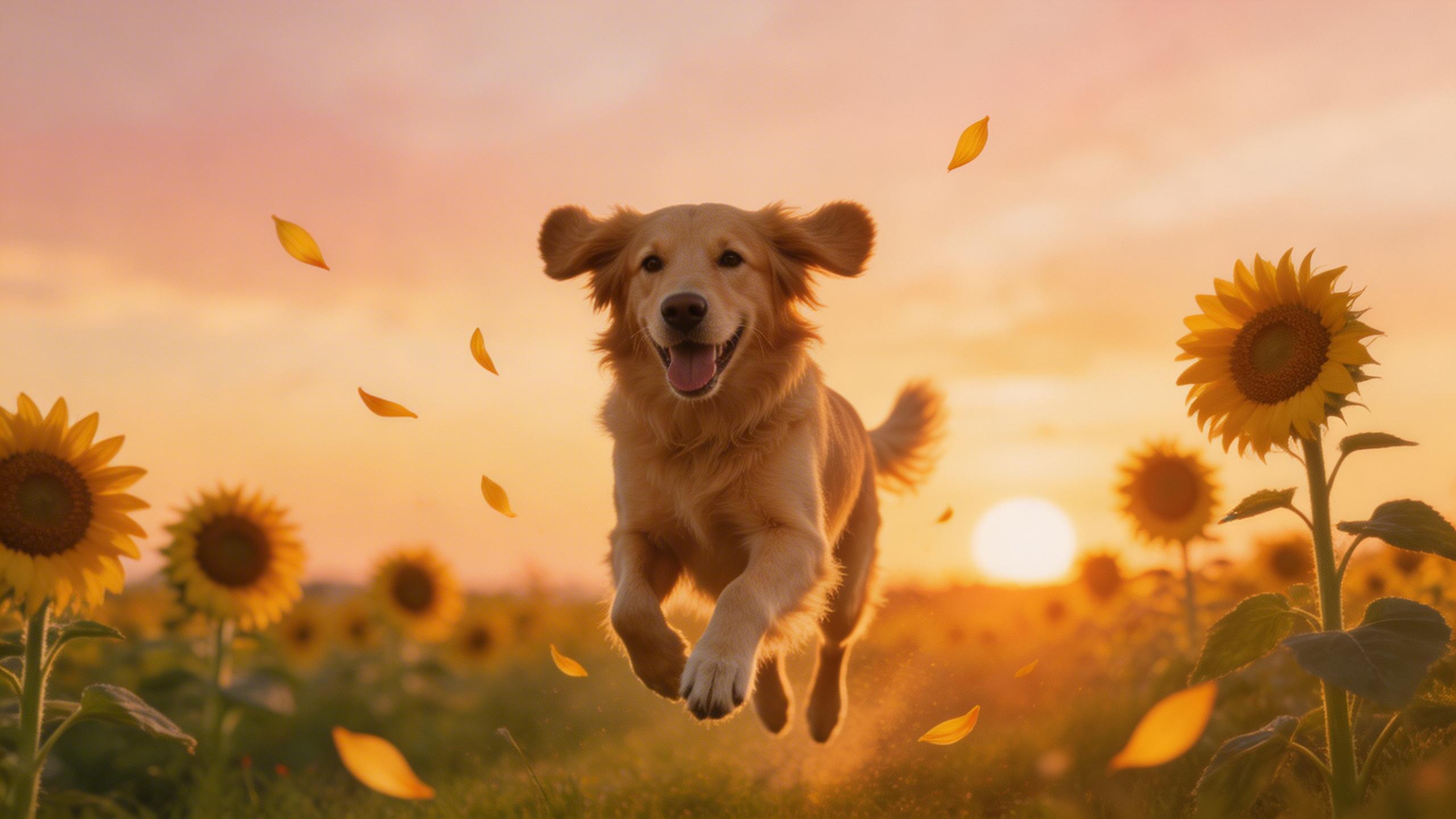 A golden retriever running through a sunflower field at sunset, slow motion, war