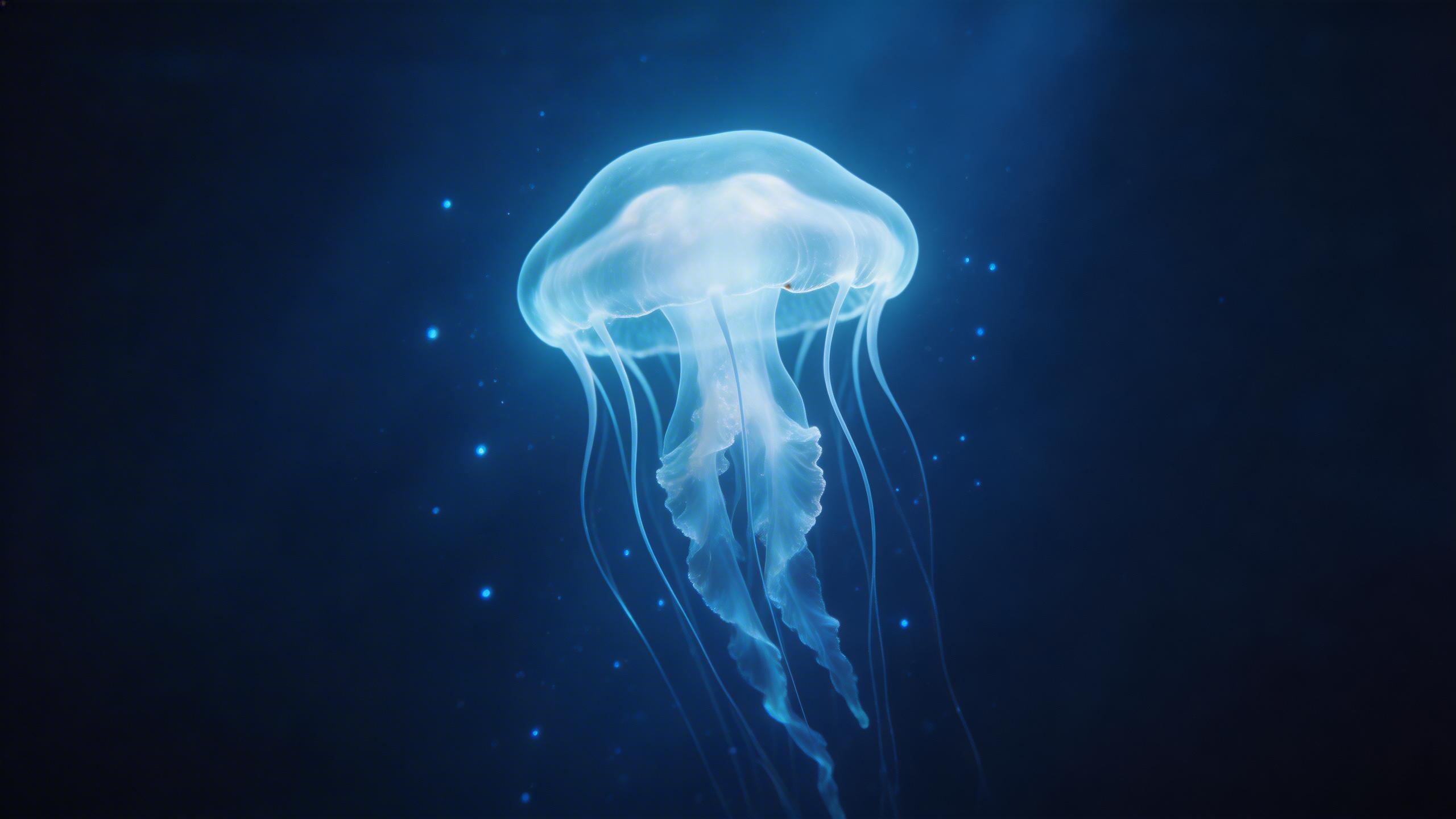 Underwater shot of a jellyfish pulsing through deep blue water, bioluminescent g