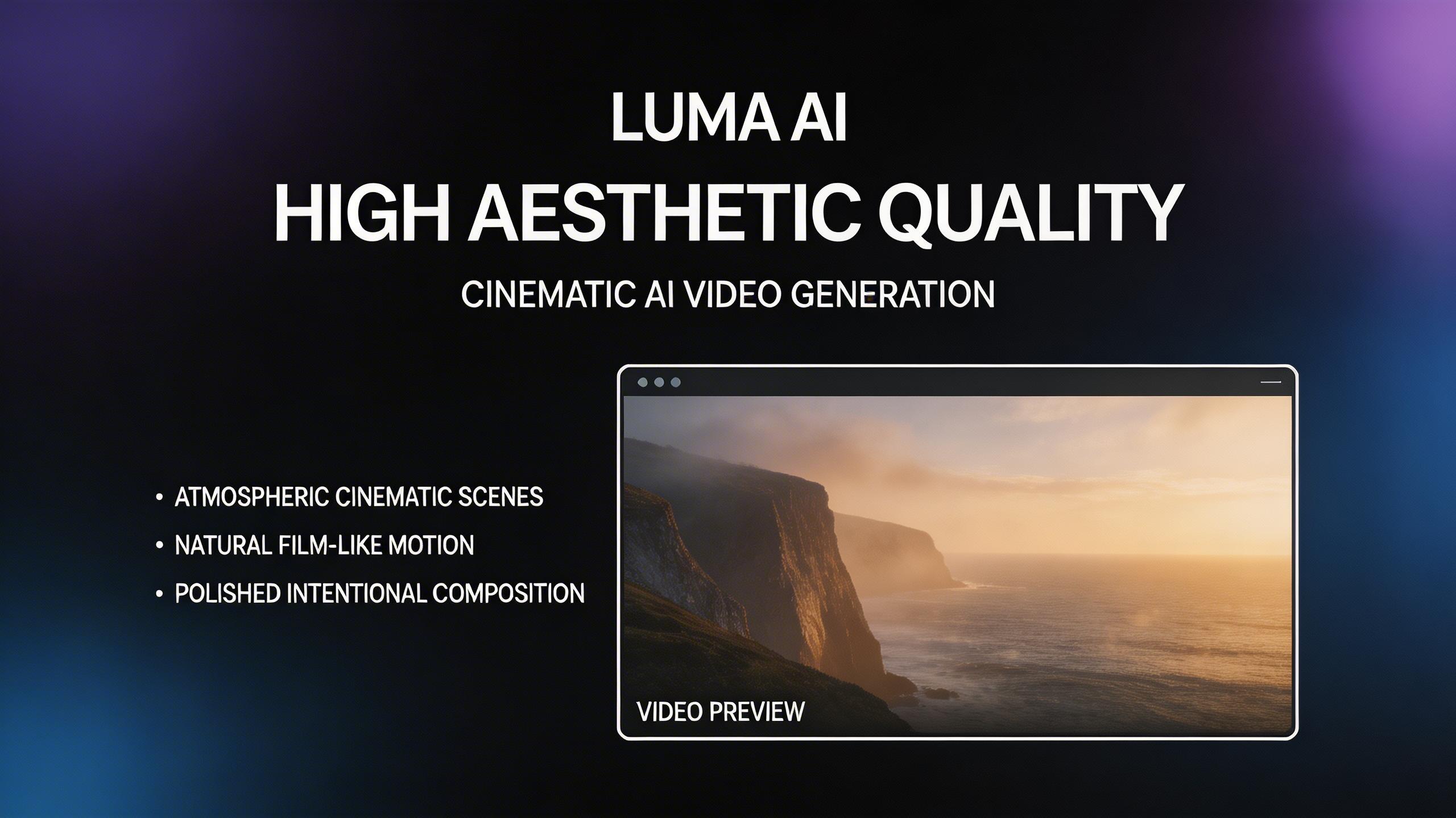 High Aesthetic Quality. Known for producing videos with an inherently artistic and polished look. Luma AI excels at atmospheric scenes, natural motion, and cinematic...