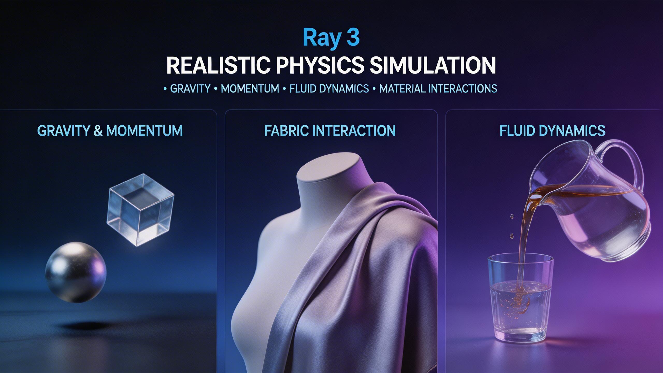 Realistic Physics Simulation. Ray 3 understands real-world physics — gravity, momentum, fluid dynamics, and material interactions. Objects fall naturally, fabric drapes...