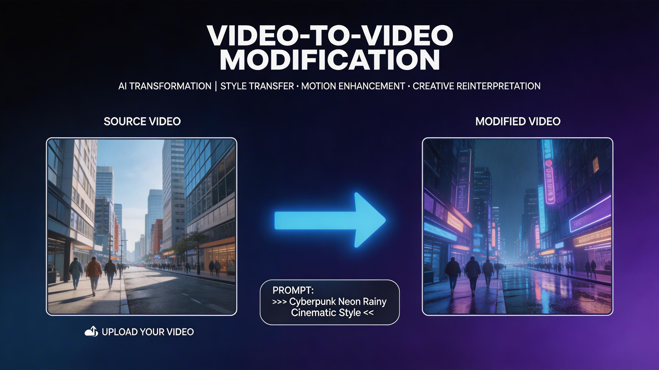 Video-to-Video Modification. Transform existing videos with intelligent style transfer, motion enhancement, and creative re-interpretation. Upload a source video and guide the...
