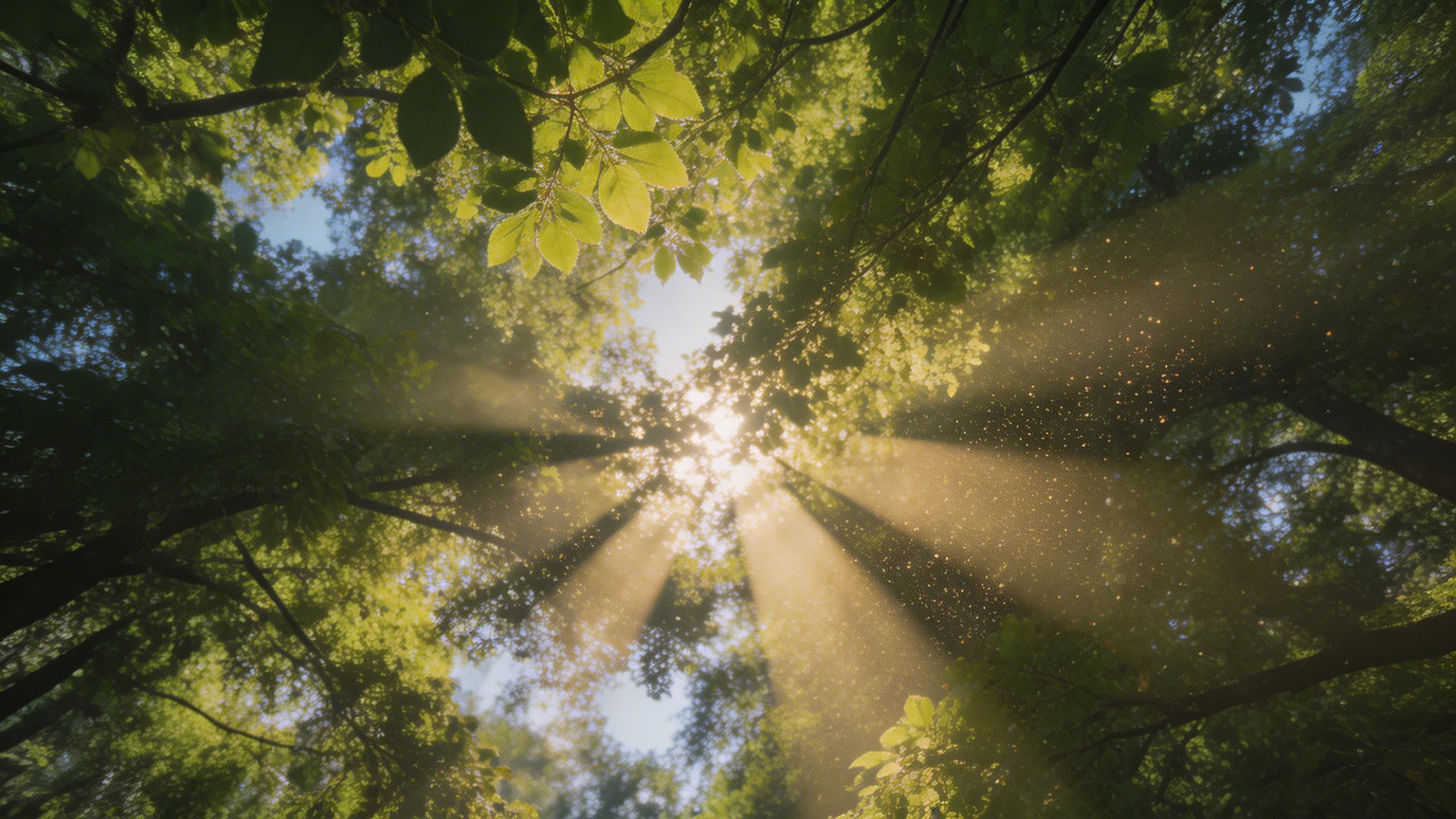Forest Canopy. Camera tilting up through a dense forest canopy, sunbeams piercing through leaves, particles of dust and pollen floating, ethereal and meditative mood. Cinematic