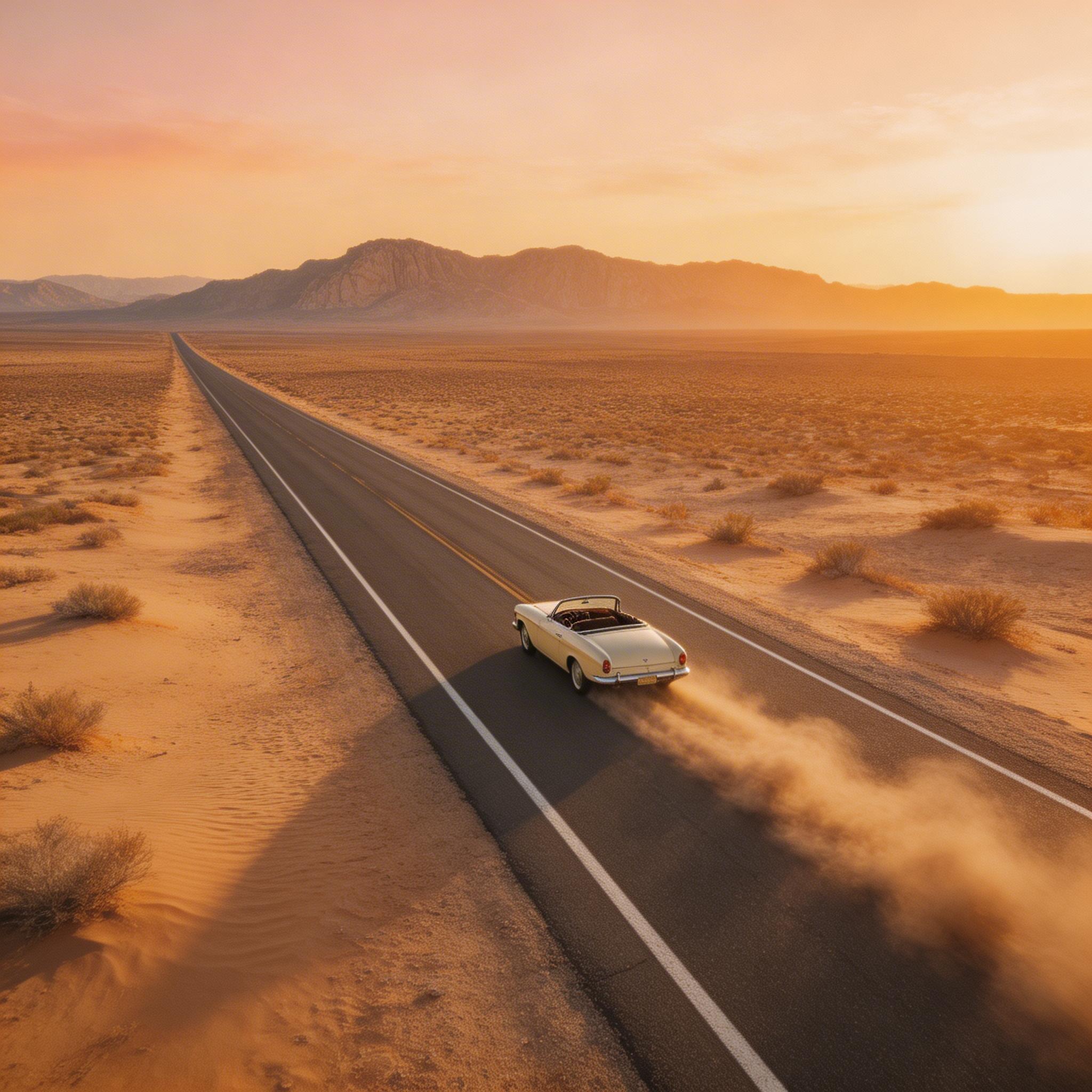 Desert Highway. Aerial tracking shot of a vintage convertible driving through an endless desert highway at golden hour, dust trailing behind, mountains in the distance,...