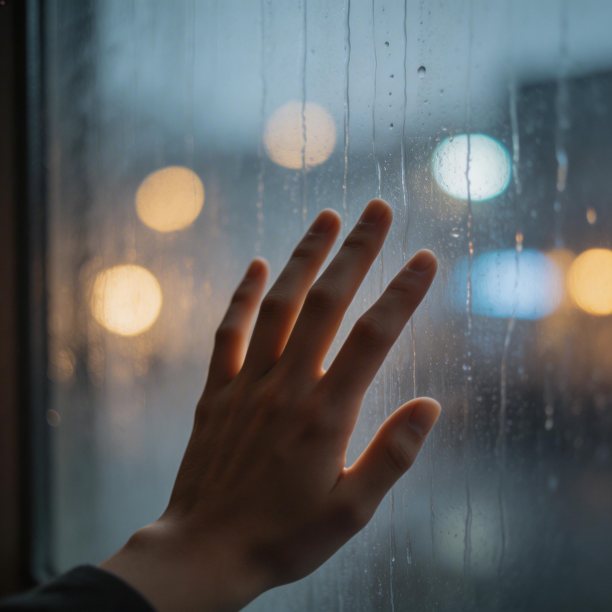 Rainy Window. Close-up of rain streaming down a window pane, blurred city lights behind, a hand touching the glass, melancholic mood, soft focus transitions. Cinematic