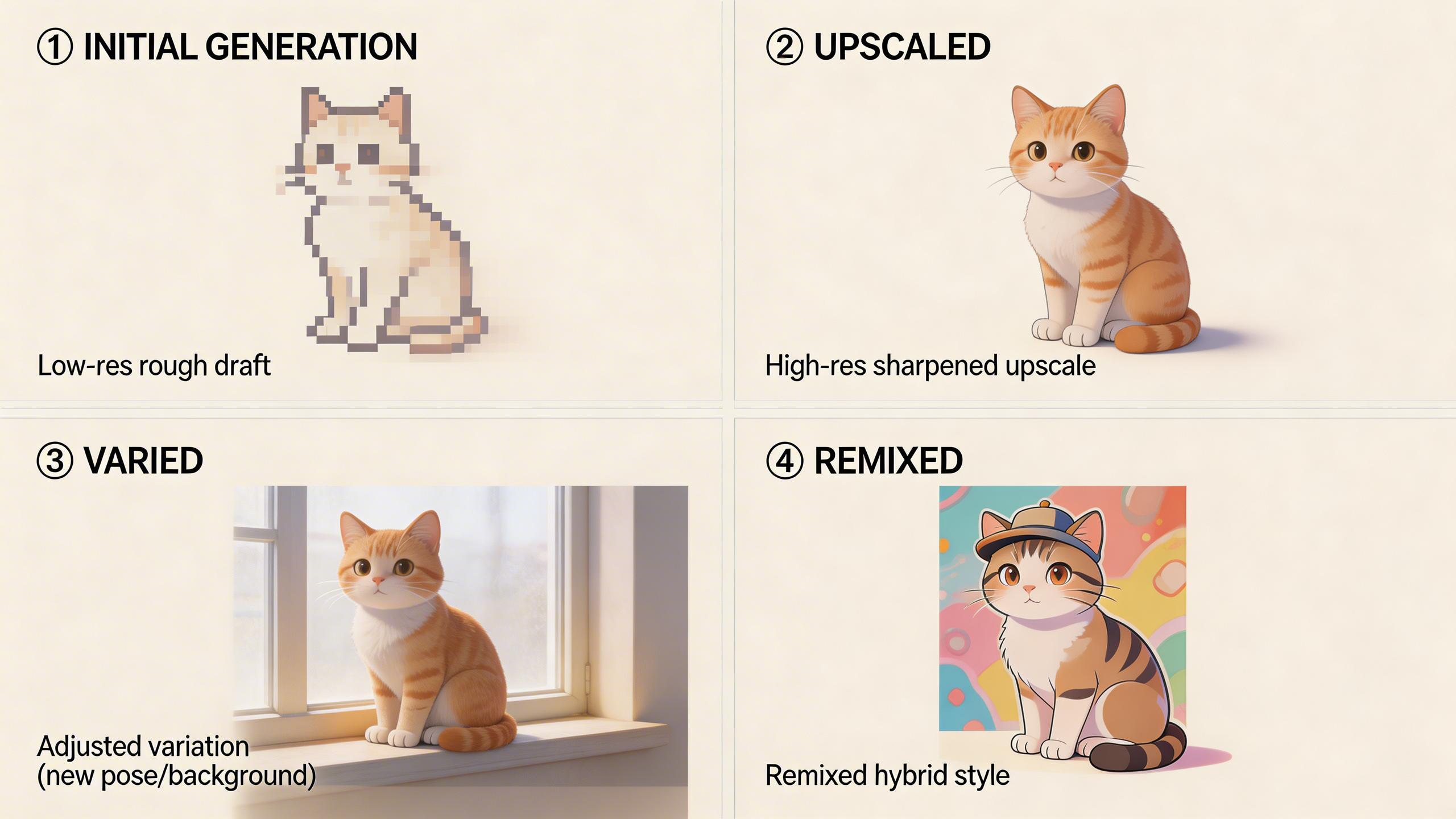 Iterative Refinement. Upscale, vary, and remix generated images with granular control. Use region-based editing to modify specific areas while preserving the overall...