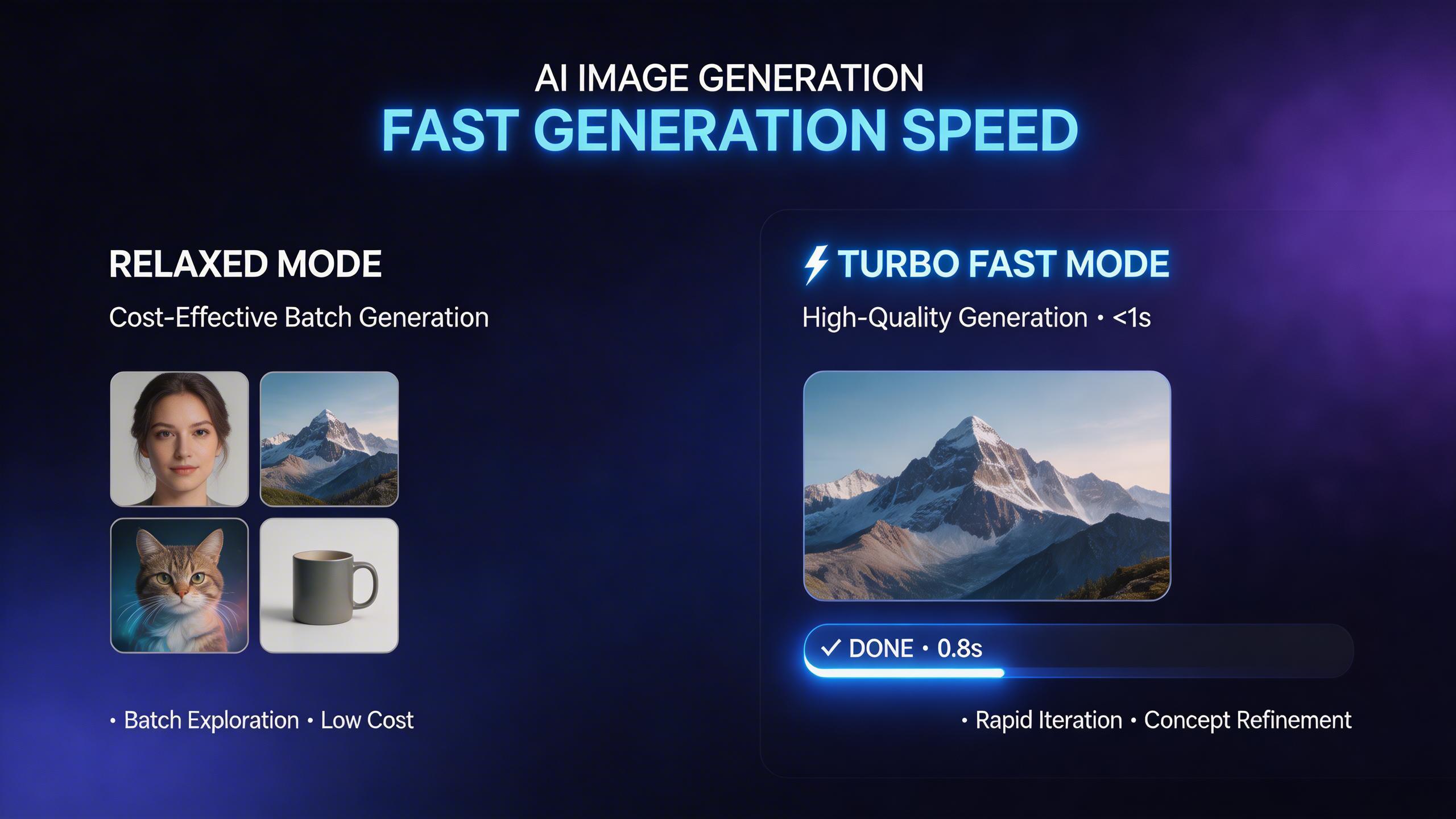 Fast Generation Speed. Generate high-quality images in seconds with turbo mode. Relaxed mode provides cost-effective batch generation for exploration, while fast mode delivers...
