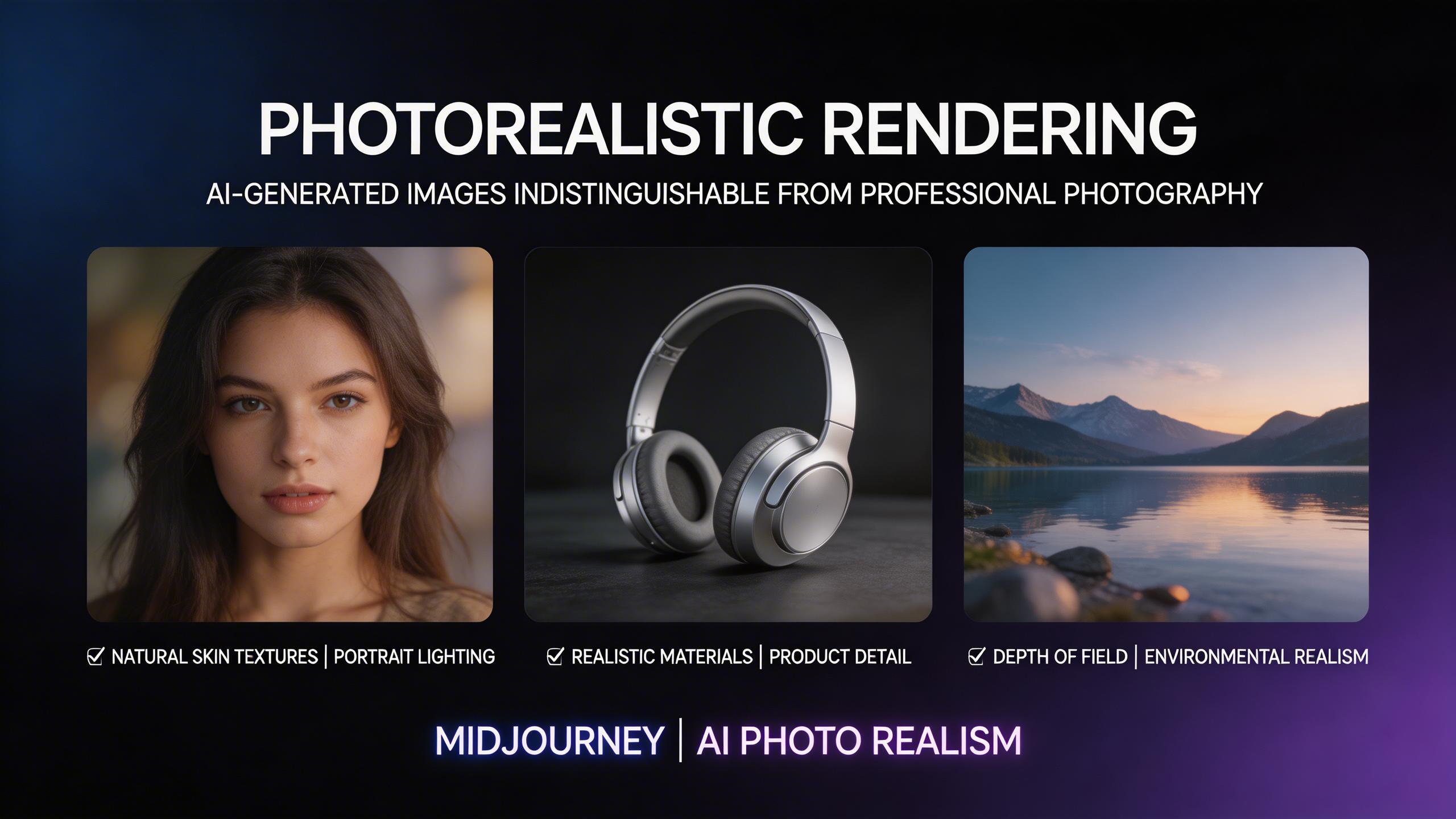 Photorealistic Rendering. Generate images indistinguishable from professional photography. Midjourney excels at photorealism with accurate lighting, natural skin textures,...