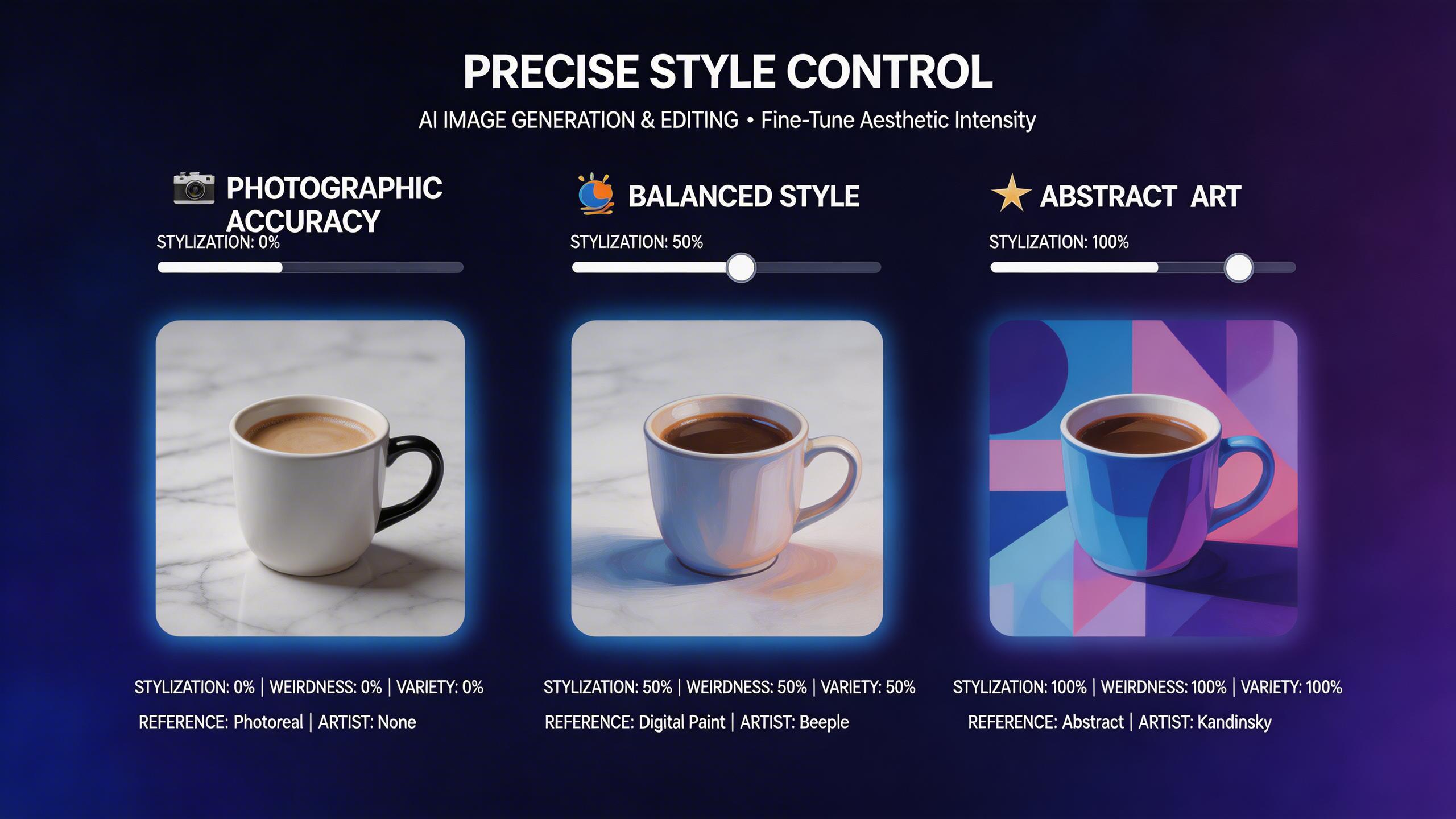 Precise Style Control. Fine-tune output with stylization, weirdness, and variety parameters. Control the aesthetic intensity from photographic accuracy to abstract art....