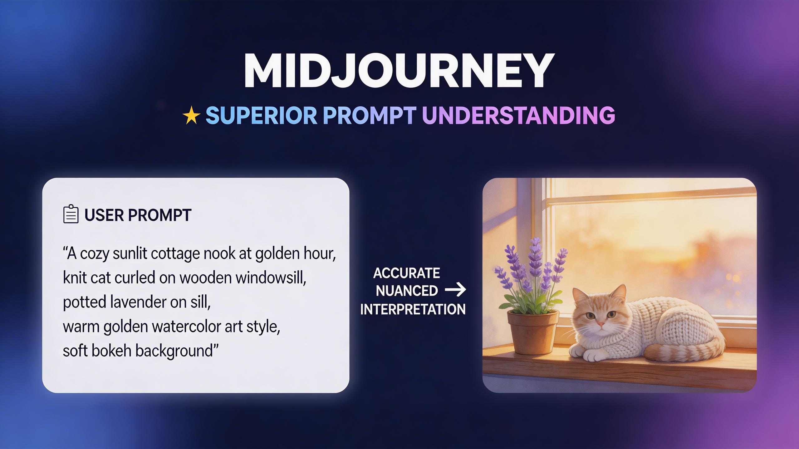Superior Prompt Understanding. Midjourney interprets complex, nuanced prompts with remarkable accuracy. It understands spatial relationships, lighting descriptions, emotional...