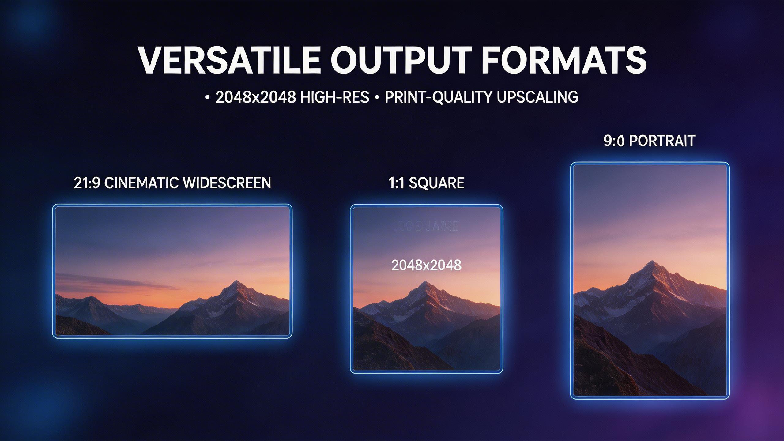Versatile Output Formats. Generate images in any aspect ratio — from cinematic widescreen to portrait and square formats. High-resolution output up to 2048x2048 pixels, with...