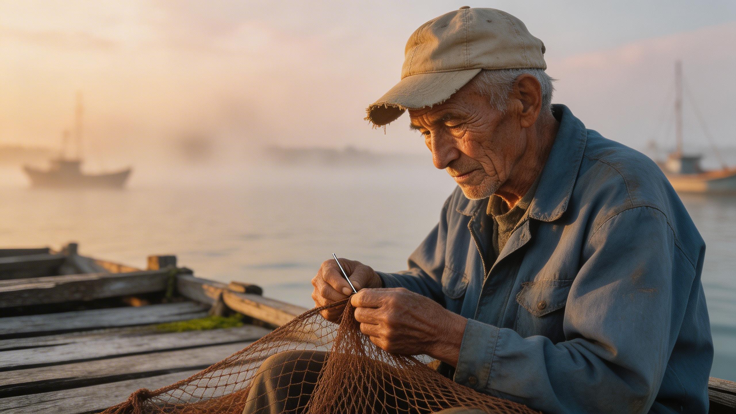Street Portrait. An old fisherman mending nets on a weathered wooden dock at dawn, deep wrinkles telling stories, morning mist, warm golden side lighting, documentary...