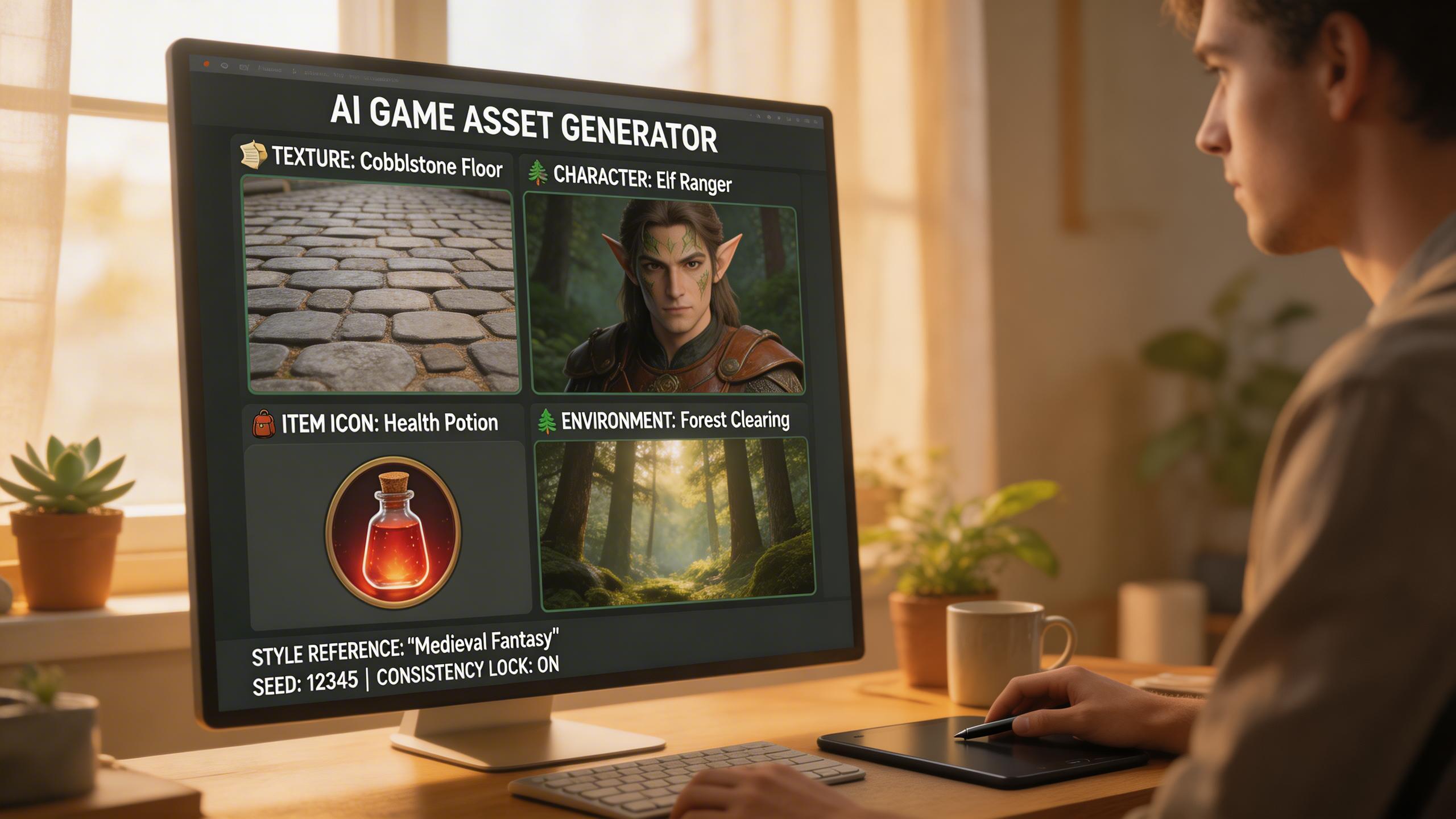 Game Asset Generation. Generate game textures, character portraits, item icons, and environment backgrounds. Use style references and seed control to maintain visual...