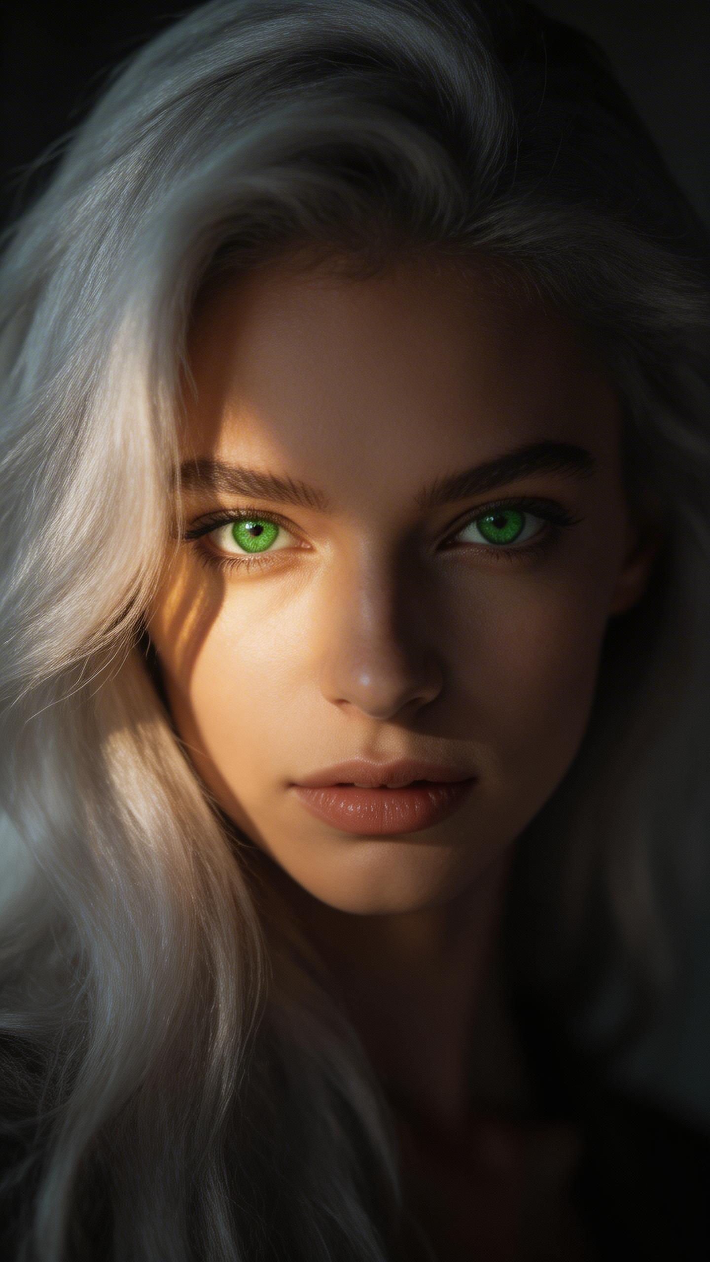 Cinematic Portrait. A woman with silver hair and piercing green eyes, dramatic Rembrandt lighting, dark moody background, shallow depth of field, 85mm lens, f/1.4, editorial...