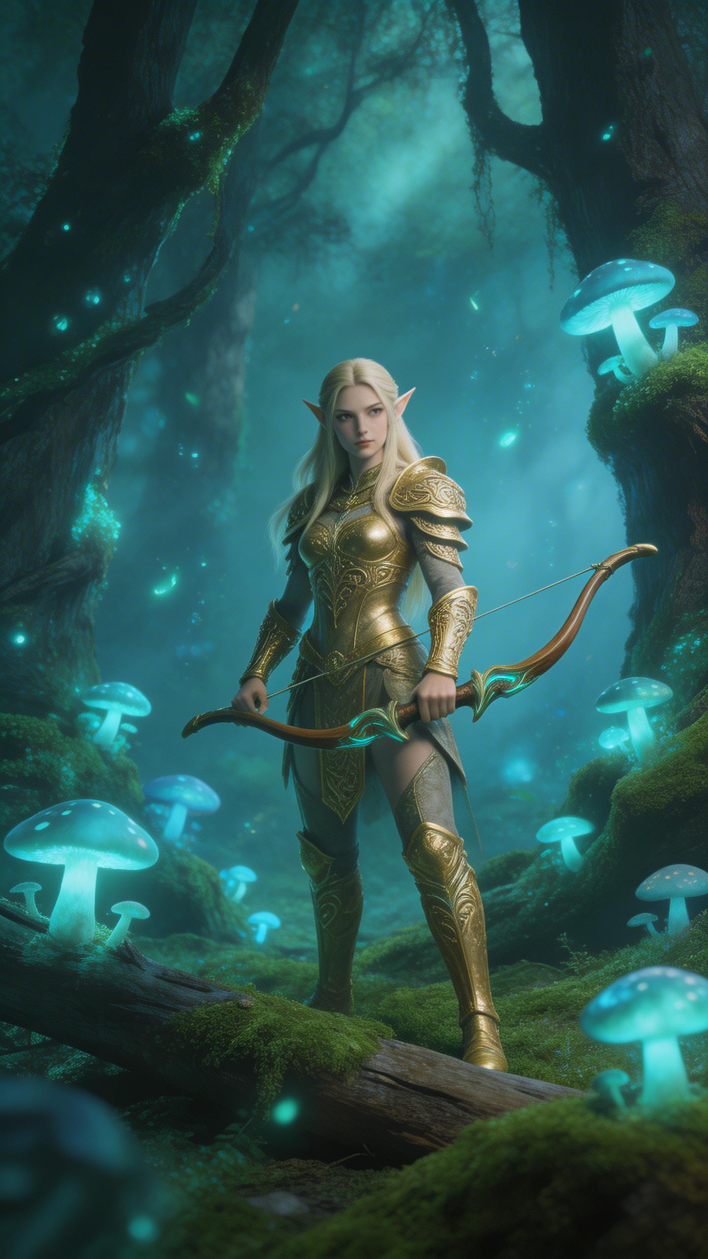 Fantasy Character. An elven archer in ornate golden armor standing in an enchanted forest, bioluminescent mushrooms and floating particles, ethereal blue-green lighting,...