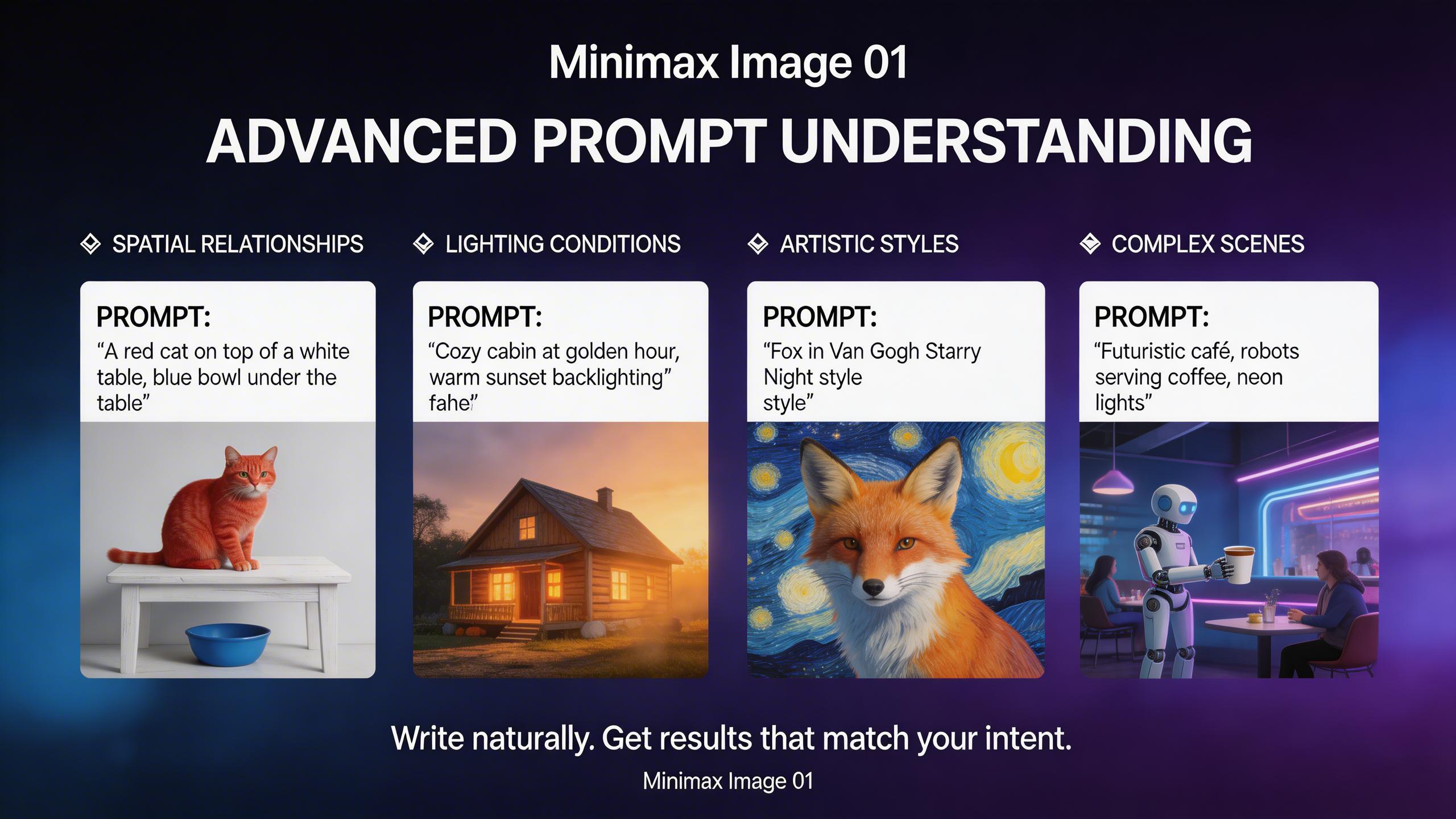 Advanced Prompt Understanding. Minimax Image 01 excels at interpreting nuanced prompts including spatial relationships, lighting conditions, artistic styles, and complex...