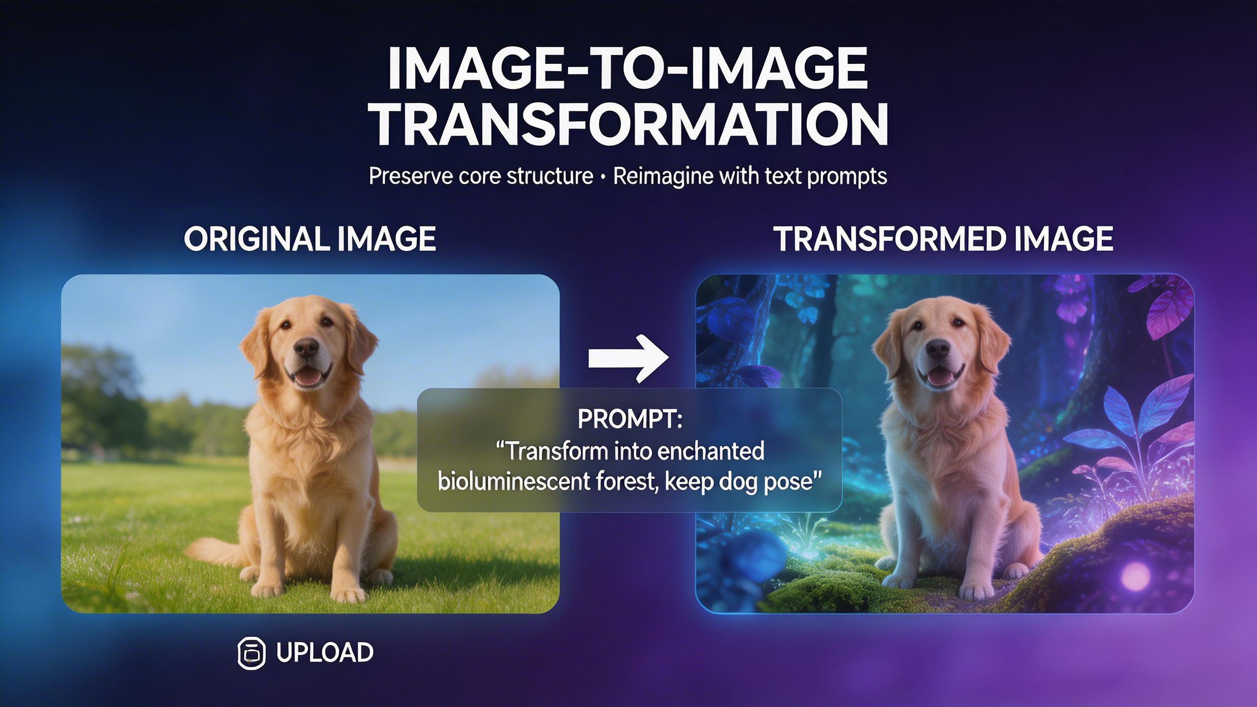 Image-to-Image Transformation. Upload an existing image and guide its transformation with text prompts. Modify styles, add elements, change compositions, or reimagine scenes...