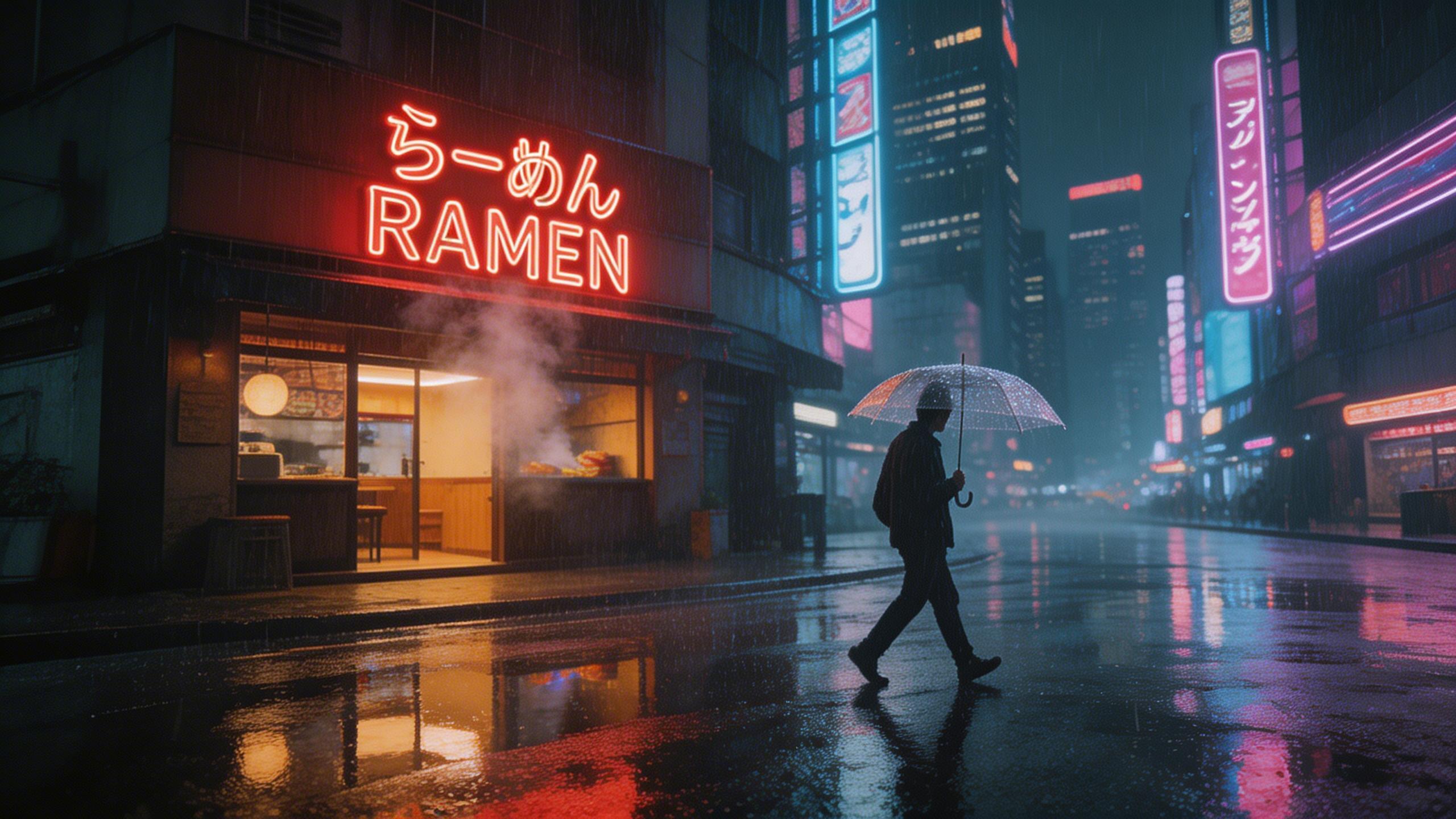 Street Photography. Rainy night in Tokyo, neon signs reflected in wet pavement, a lone figure with a transparent umbrella walking past a ramen shop, cyberpunk atmosphere,...