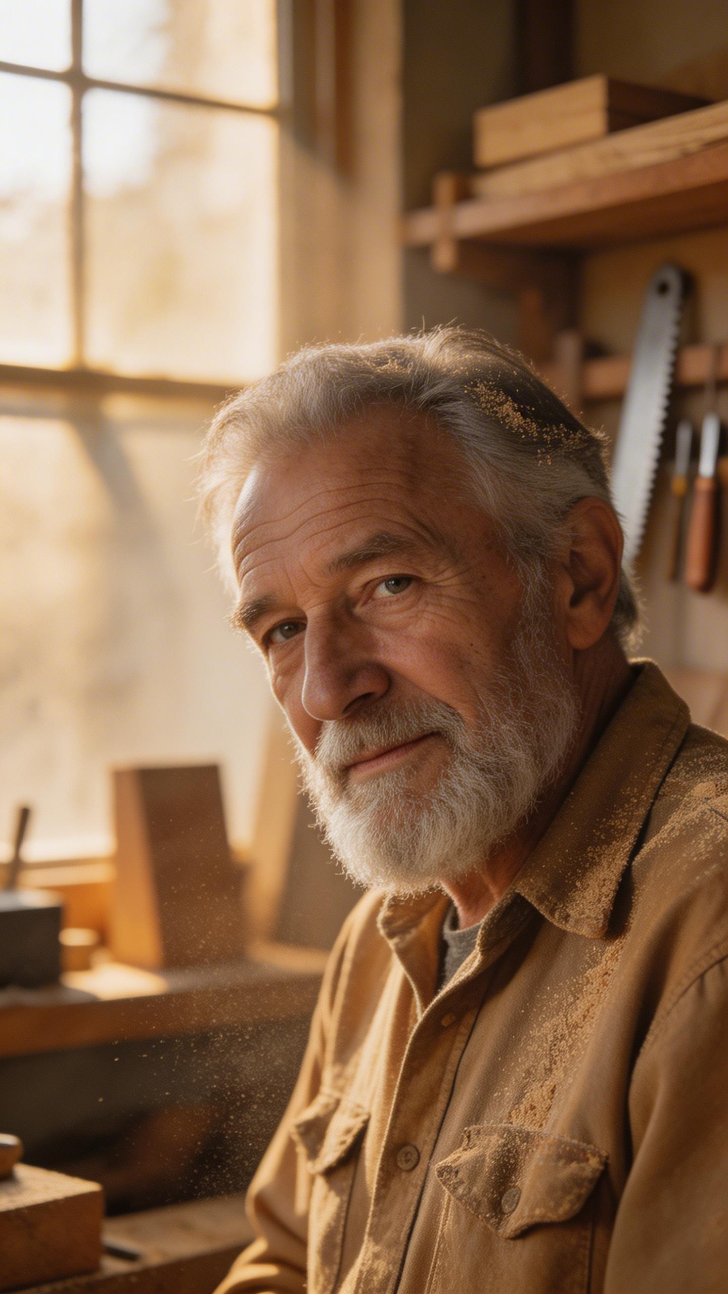 Cinematic Portrait. A close-up portrait of an elderly craftsman in his woodworking studio, warm golden hour light streaming through dusty windows, shallow depth of field, shot...