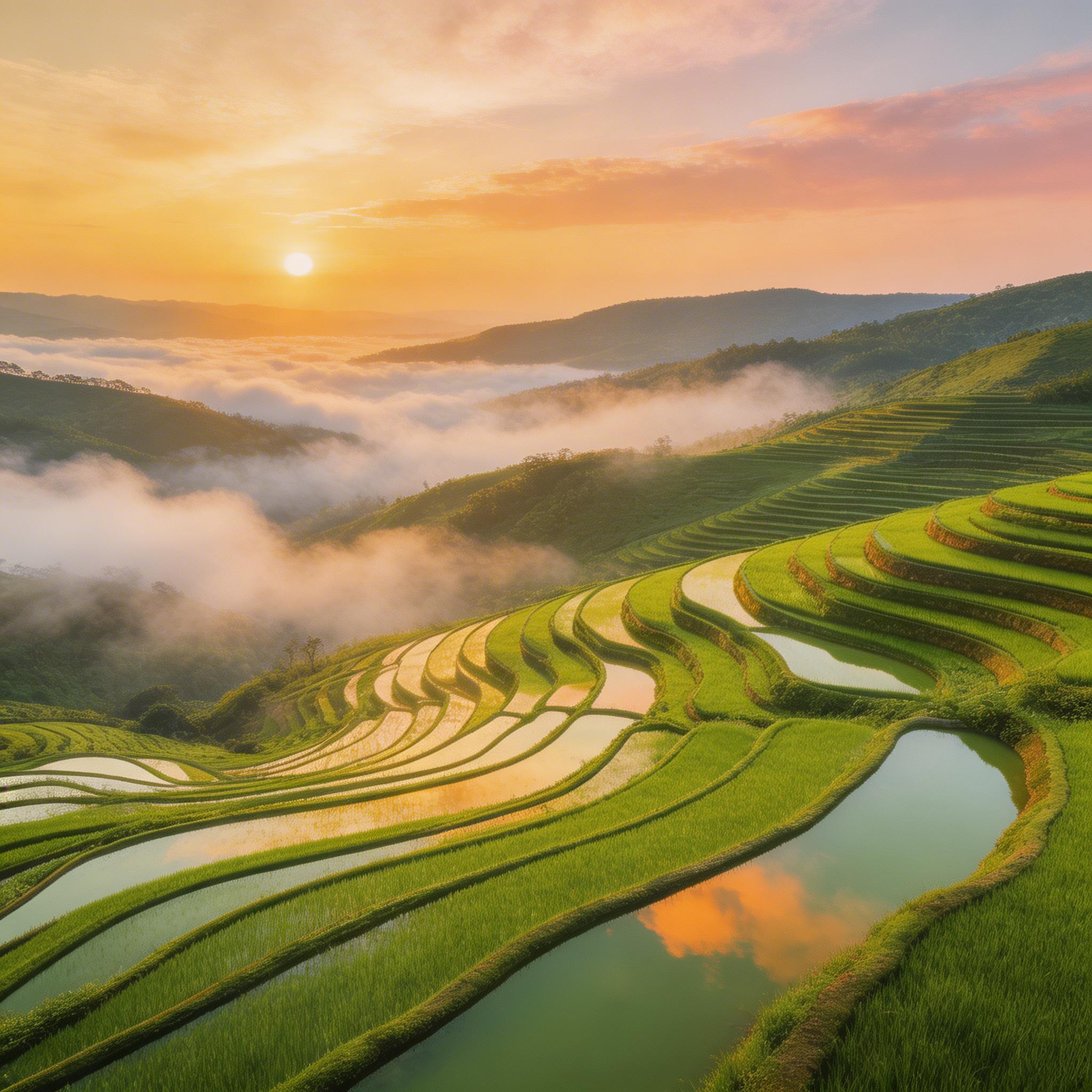 Aerial Landscape. Drone aerial view of terraced rice fields at sunrise, morning mist rolling through valleys, vibrant green paddies reflecting golden sky, ultra-wide...