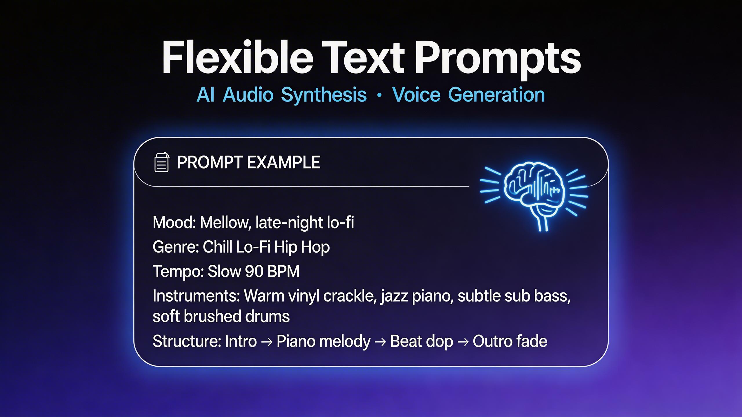 Flexible Text Prompts. Describe your music using natural language. Specify mood, genre, tempo, instruments, and structure to guide the AI. The more detail you provide, the...