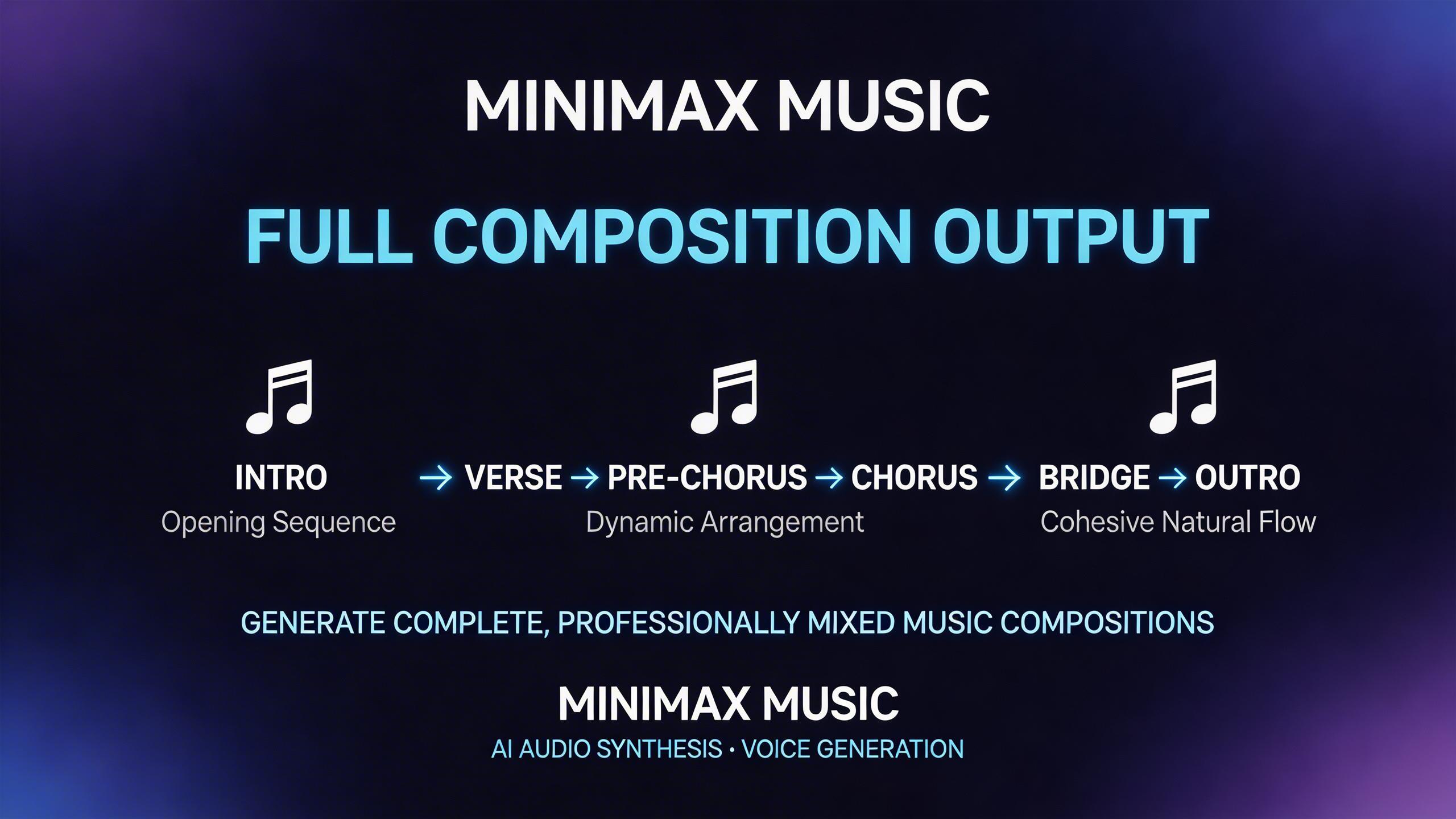 Full Composition Output. Generate complete music compositions with proper song structure, dynamic arrangement, and professional mixing. From intro to outro, Minimax Music...