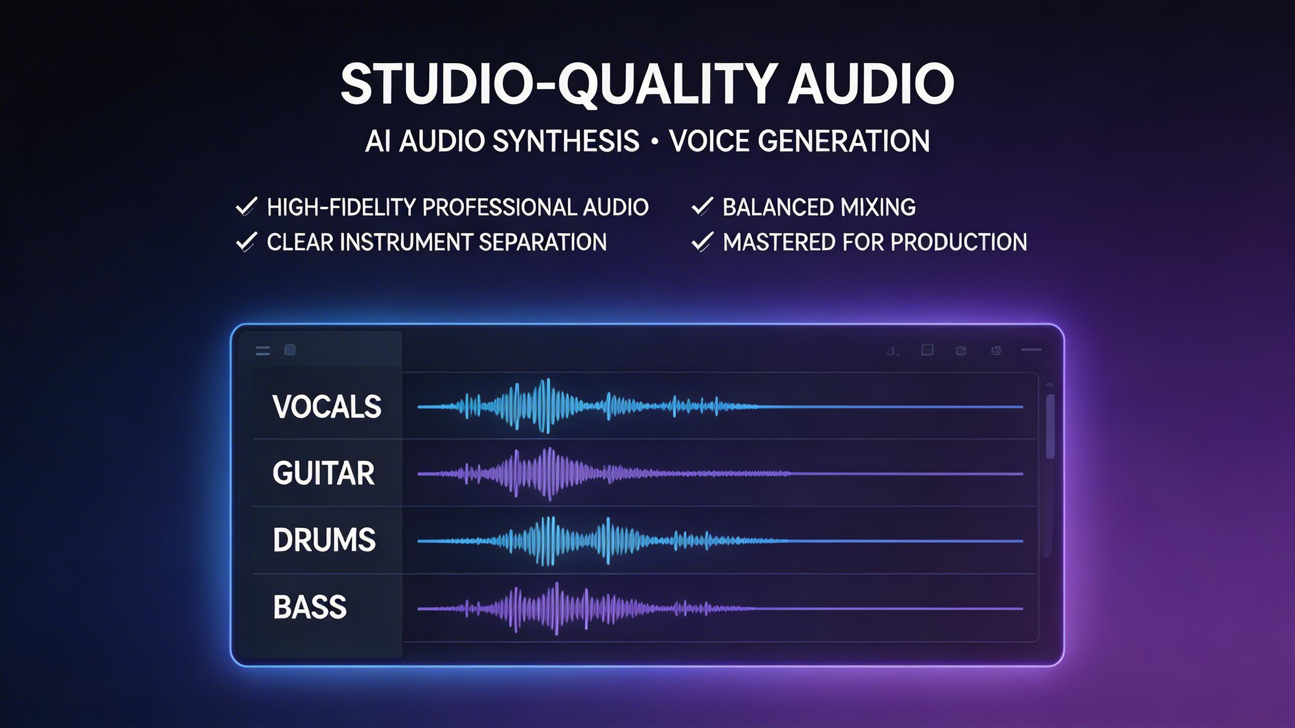 Studio-Quality Audio. Output high-fidelity audio suitable for professional use. Clear instrument separation, balanced mixing, and clean mastering ensure your generated tracks...