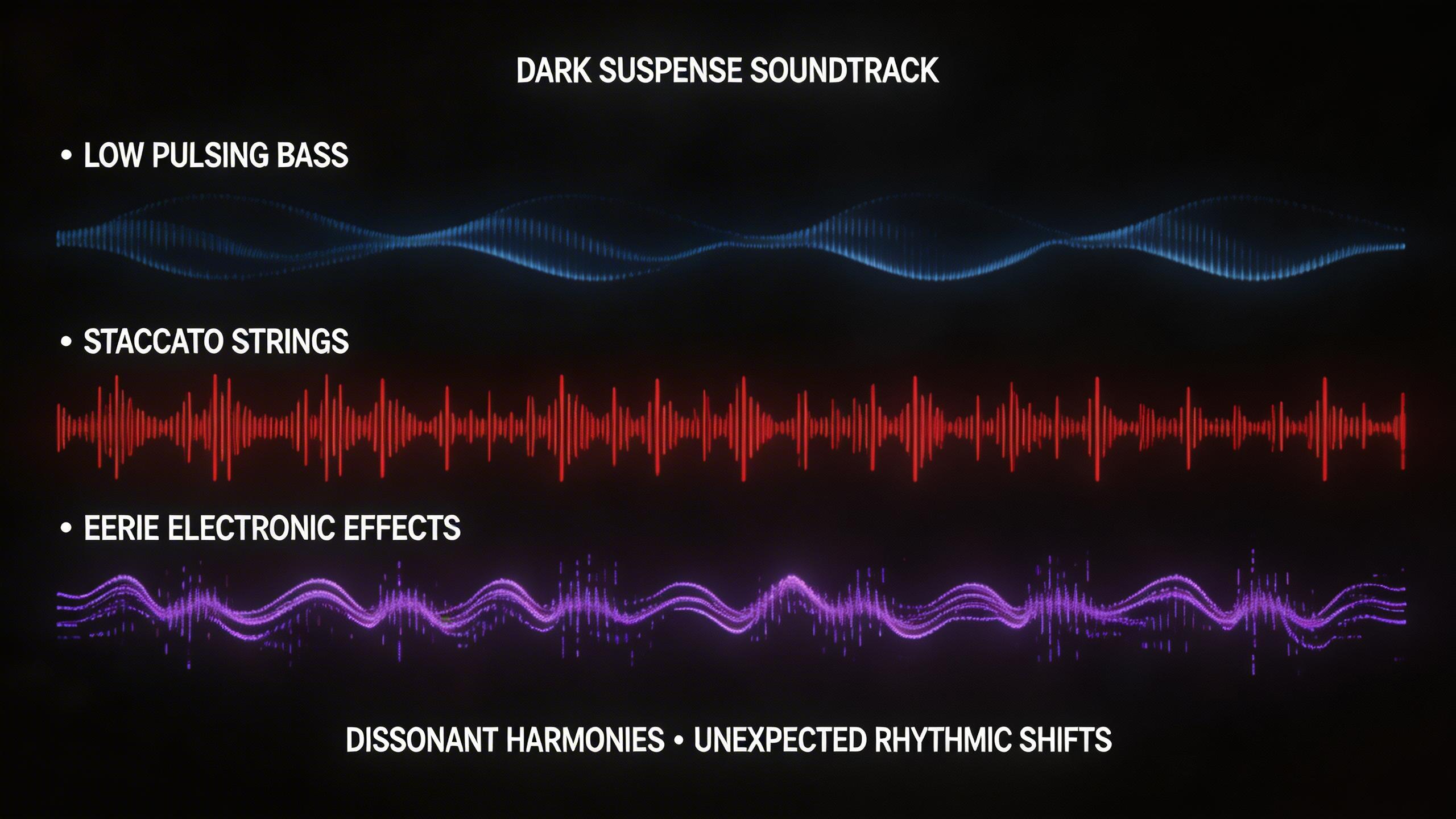 Suspense Thriller. A dark, tense soundtrack with low pulsing bass, staccato strings, and eerie electronic effects. Building suspense with unexpected rhythmic shifts and...