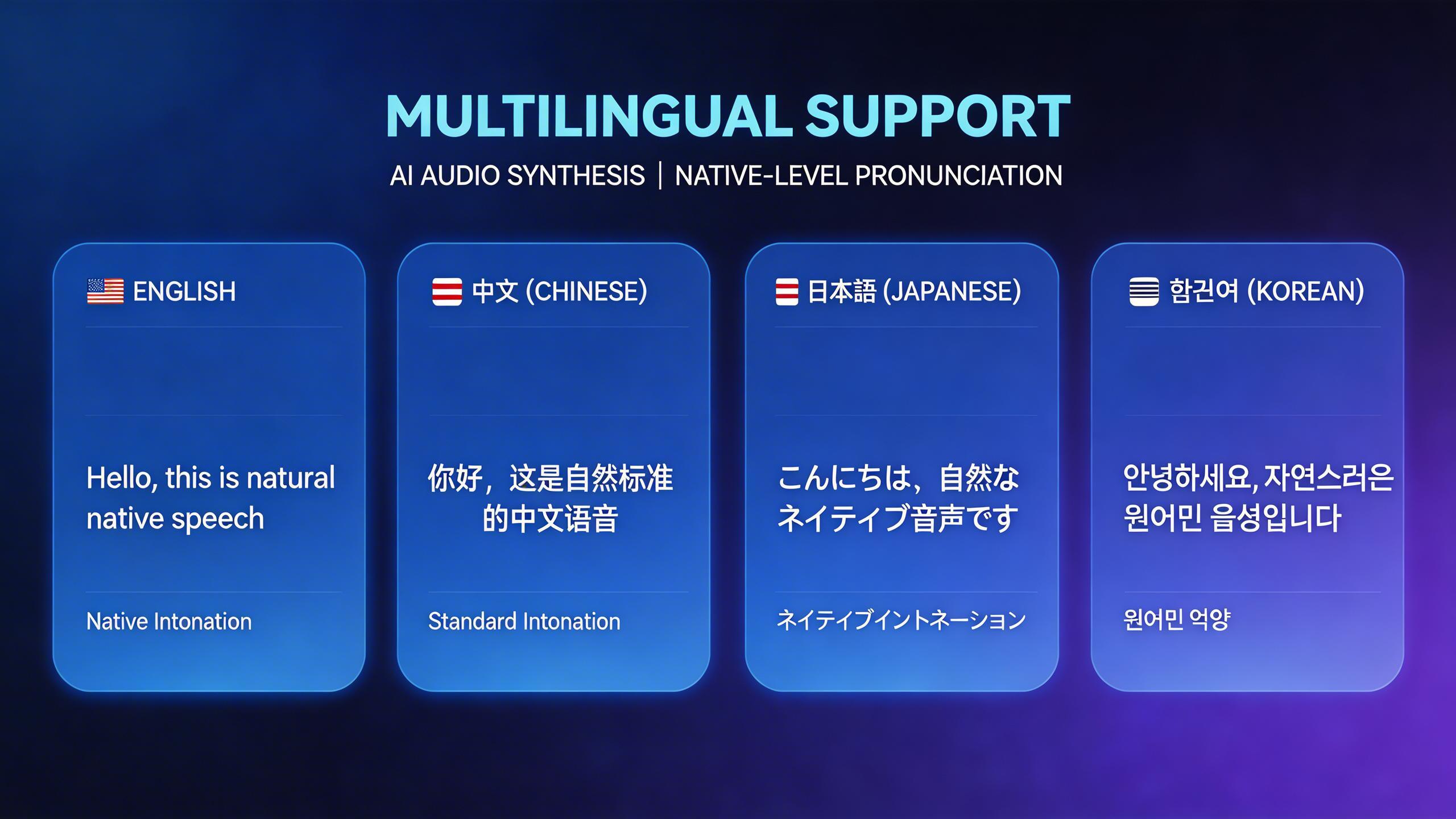 Multilingual Support. Generate natural-sounding speech in multiple languages including English, Chinese, Japanese, Korean, and more. Each language maintains native-level...