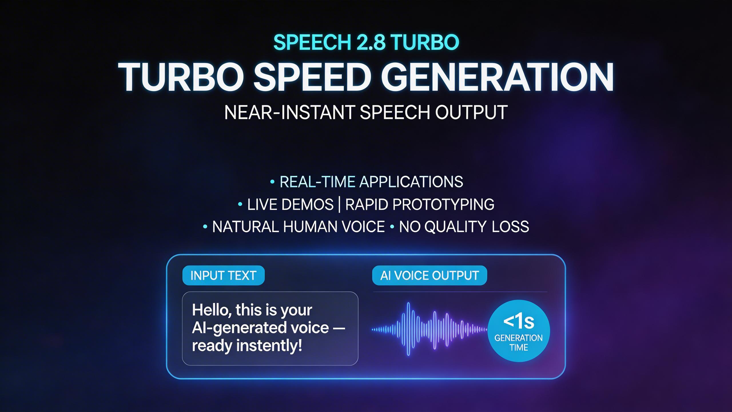 Turbo Speed Generation. Get near-instant speech output with Speech 2.8 Turbo mode. Ideal for real-time applications, live demos, and rapid prototyping where speed matters...