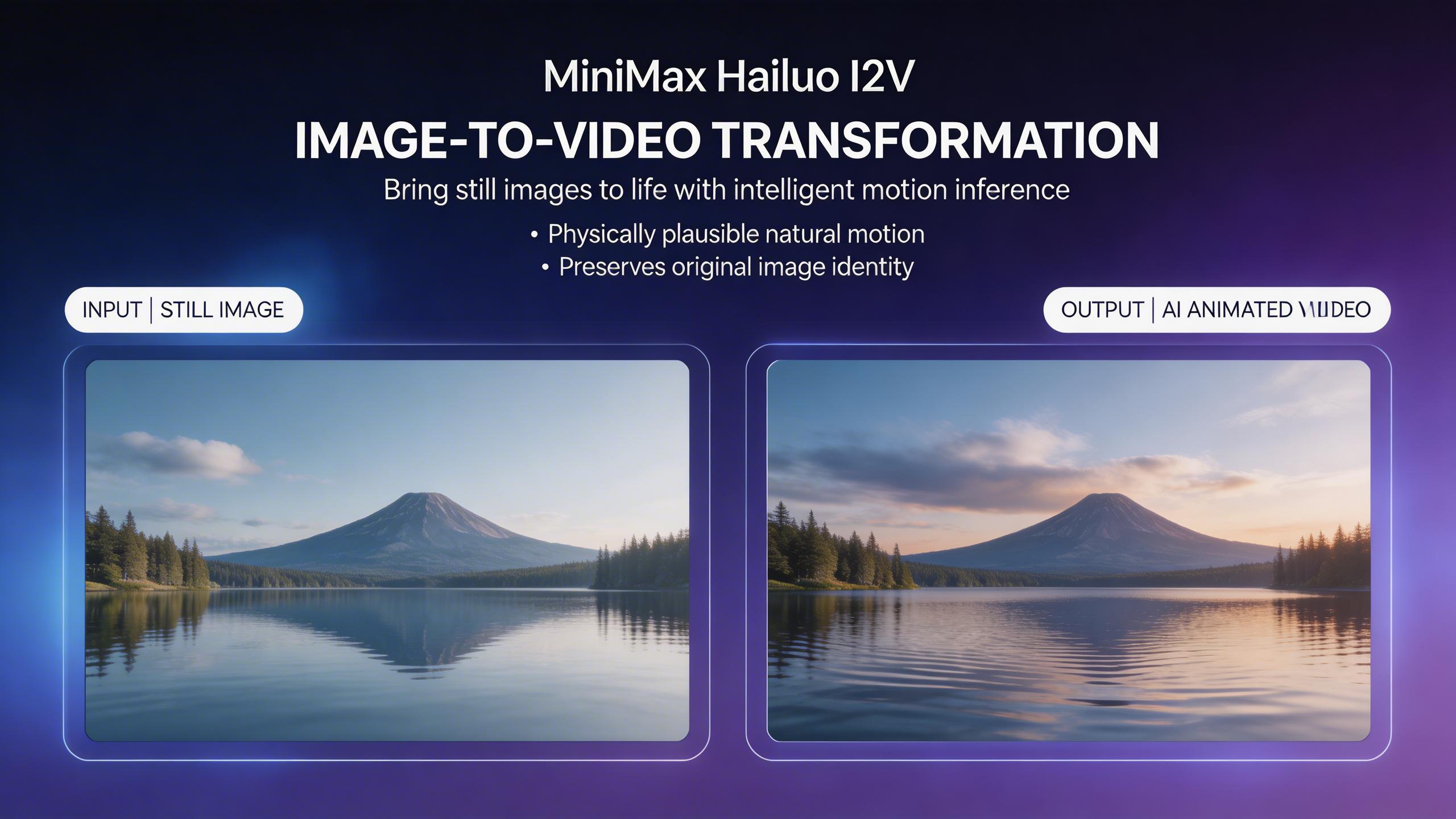 Image-to-Video Transformation. Bring still images to life with intelligent motion inference. Upload a photo and MiniMax Hailuo I2V models will animate it with physically...