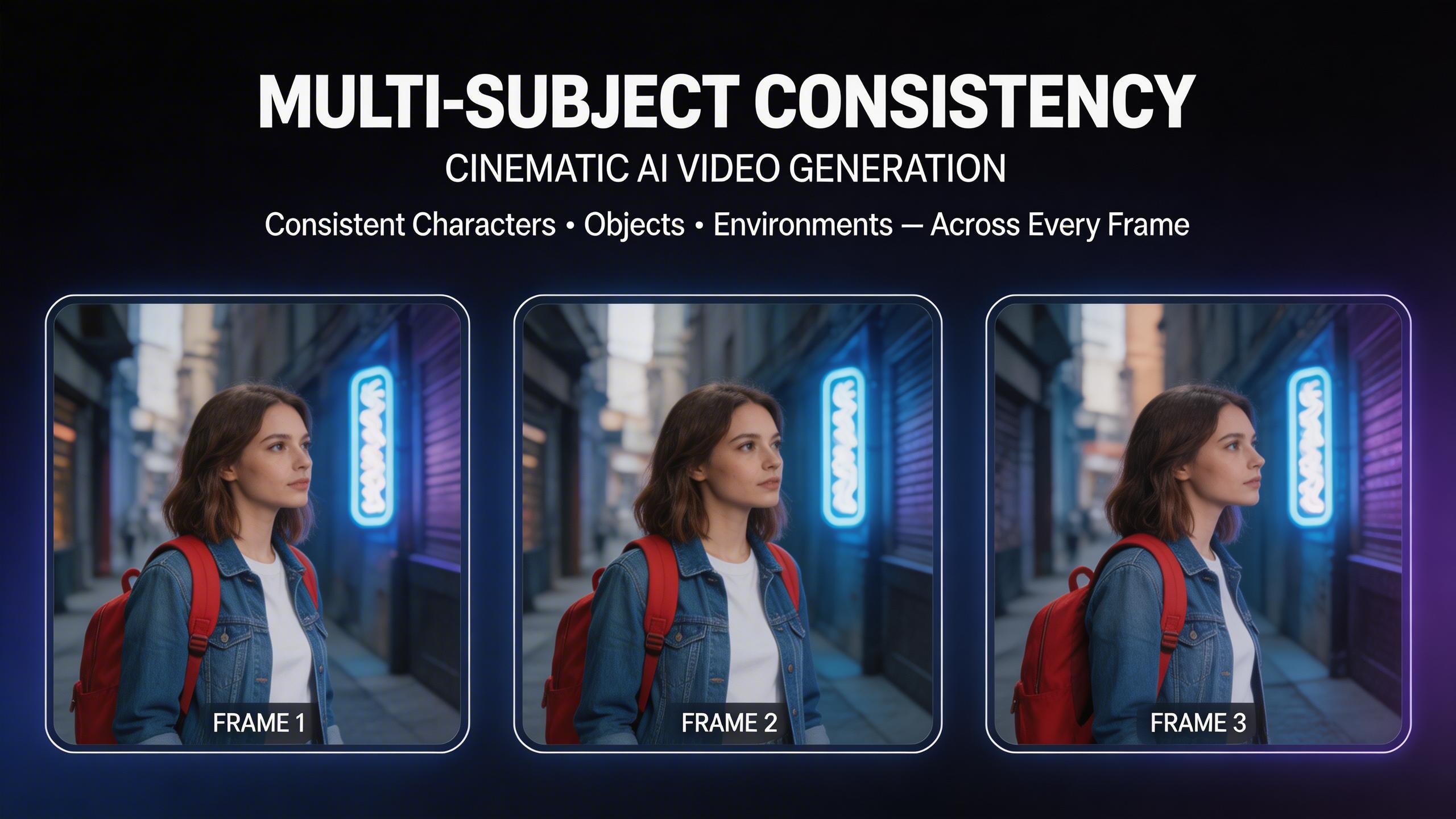 Multi-Subject Consistency. Maintain consistent appearance and identity across multiple subjects in a single scene. Characters, objects, and environments stay coherent...