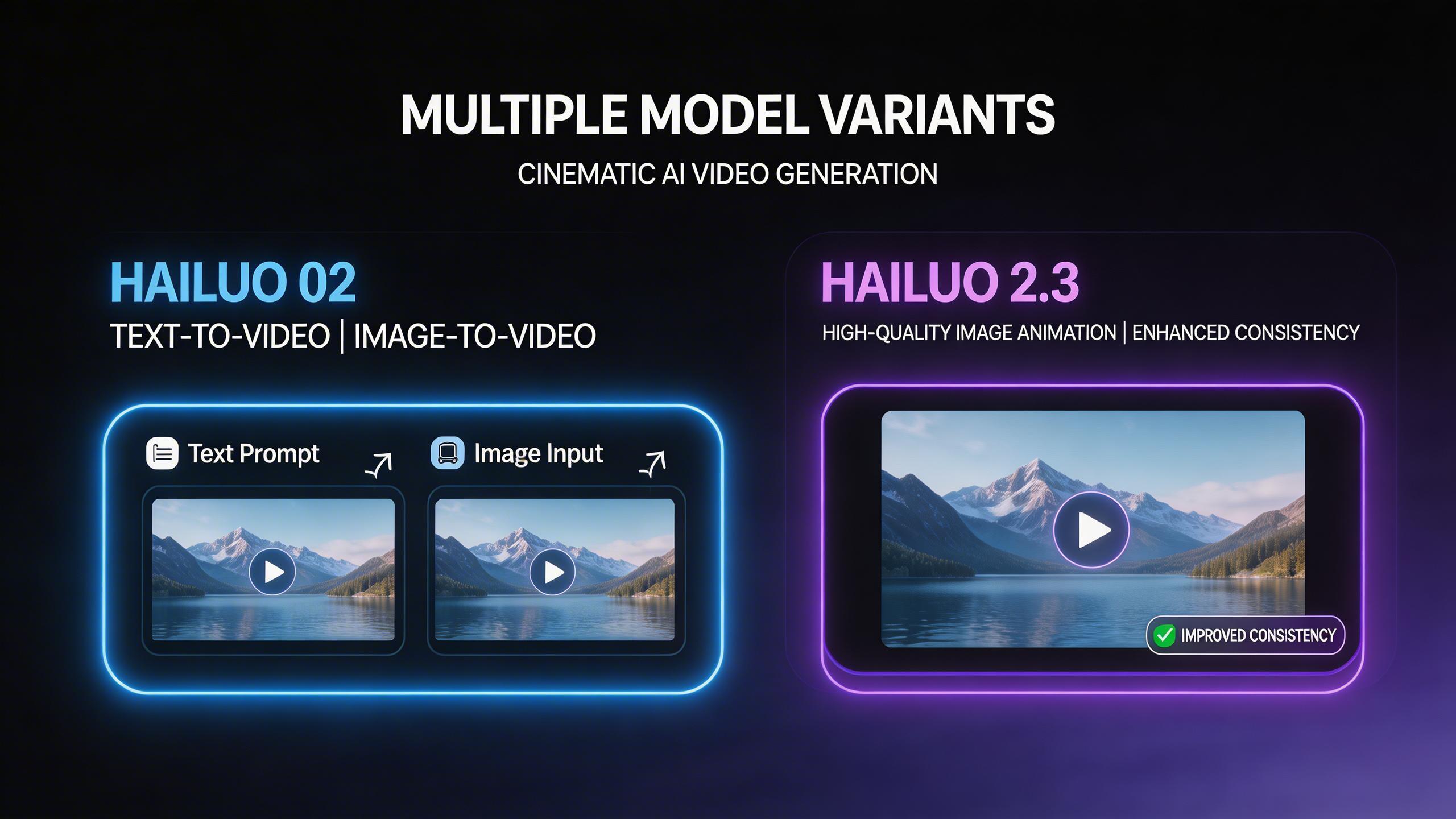 Multiple Model Variants. Access both Hailuo 02 and Hailuo 2.3 model families. Hailuo 02 offers text-to-video and image-to-video, while 2.3 specializes in high-quality image...