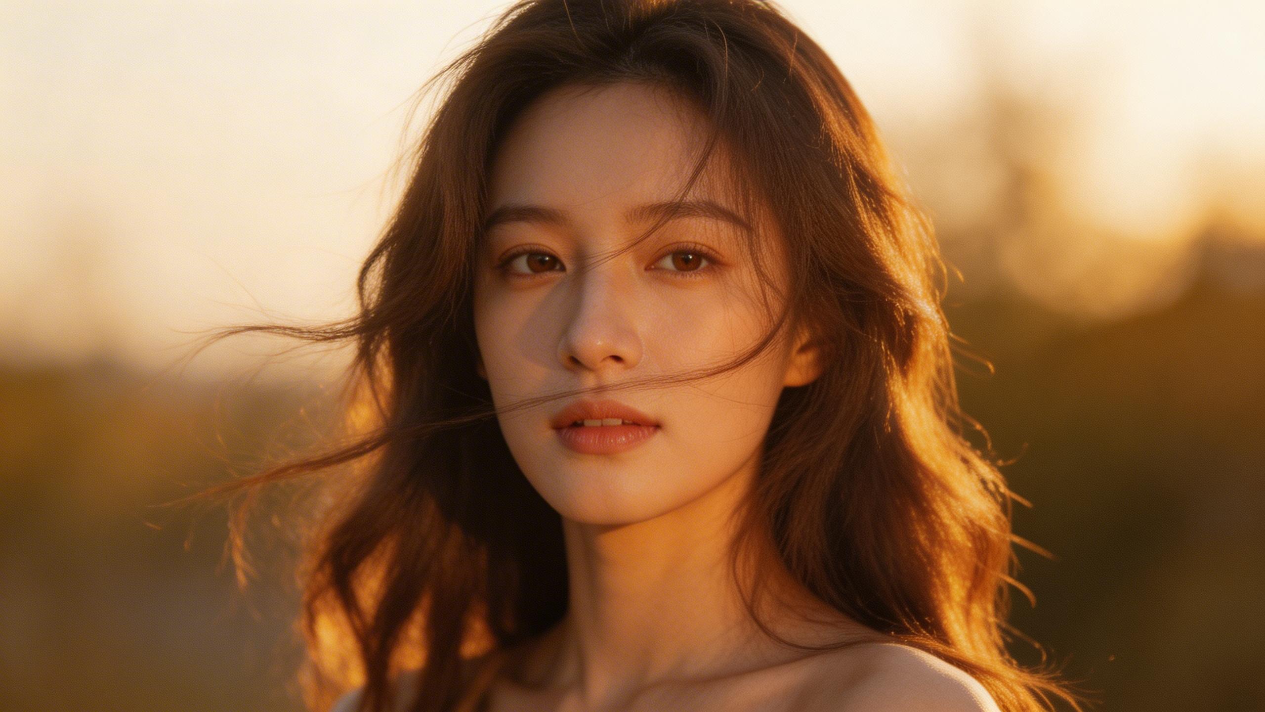 Dramatic Portrait. Close-up of a woman turning to face the camera, wind blowing through her hair, golden hour side lighting, shallow depth of field, emotional and...