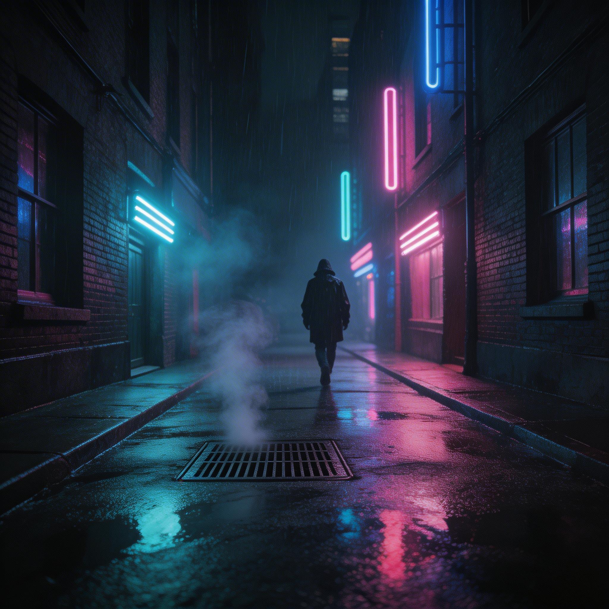 Urban Night Scene. A lone figure walking through a rain-soaked city alley at night, neon signs casting colorful reflections on wet pavement, steam rising from grates,...