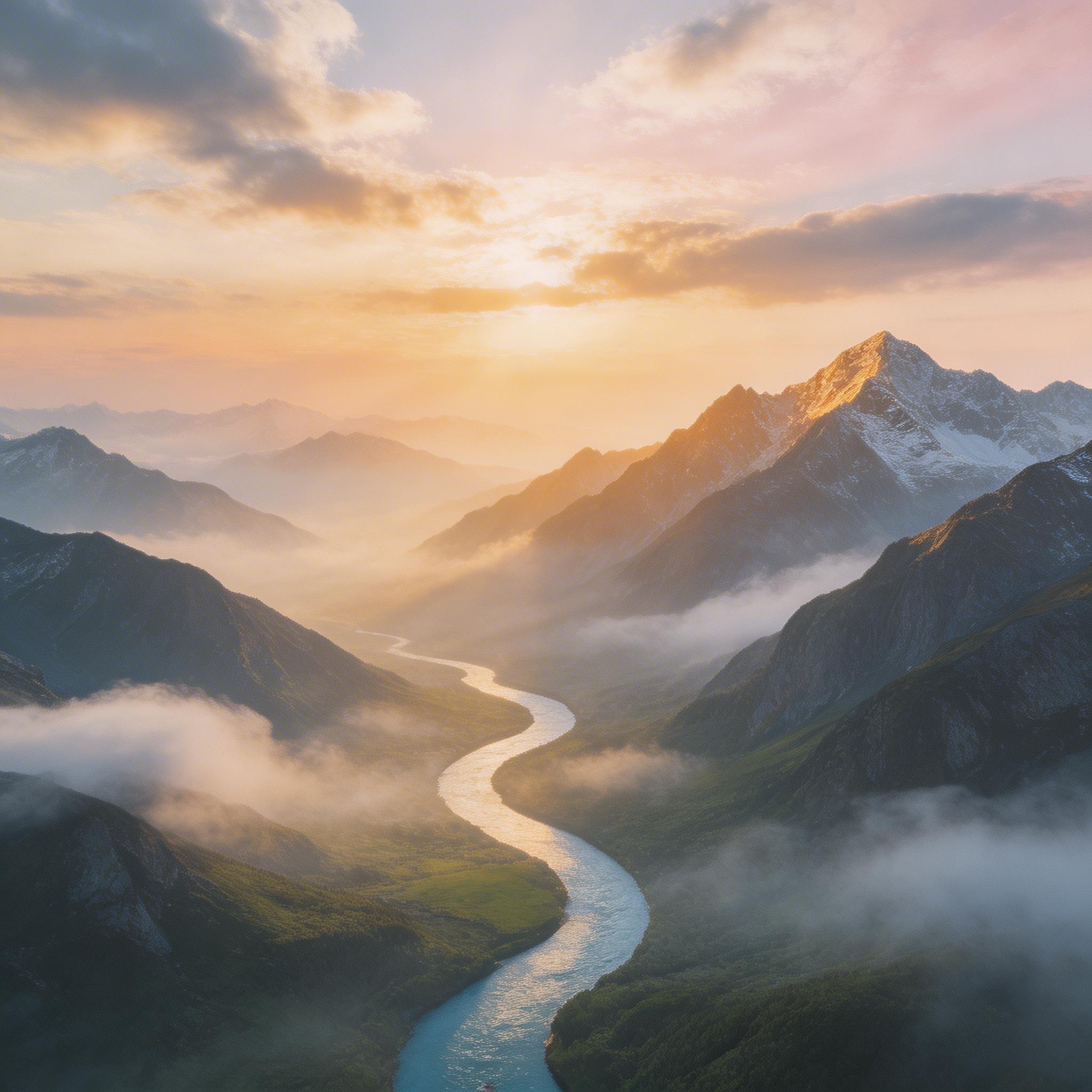 Epic Landscape. Sweeping aerial shot over misty mountain peaks at sunrise, golden light breaking through clouds, a river winding through the valley below, slow dolly forward,...
