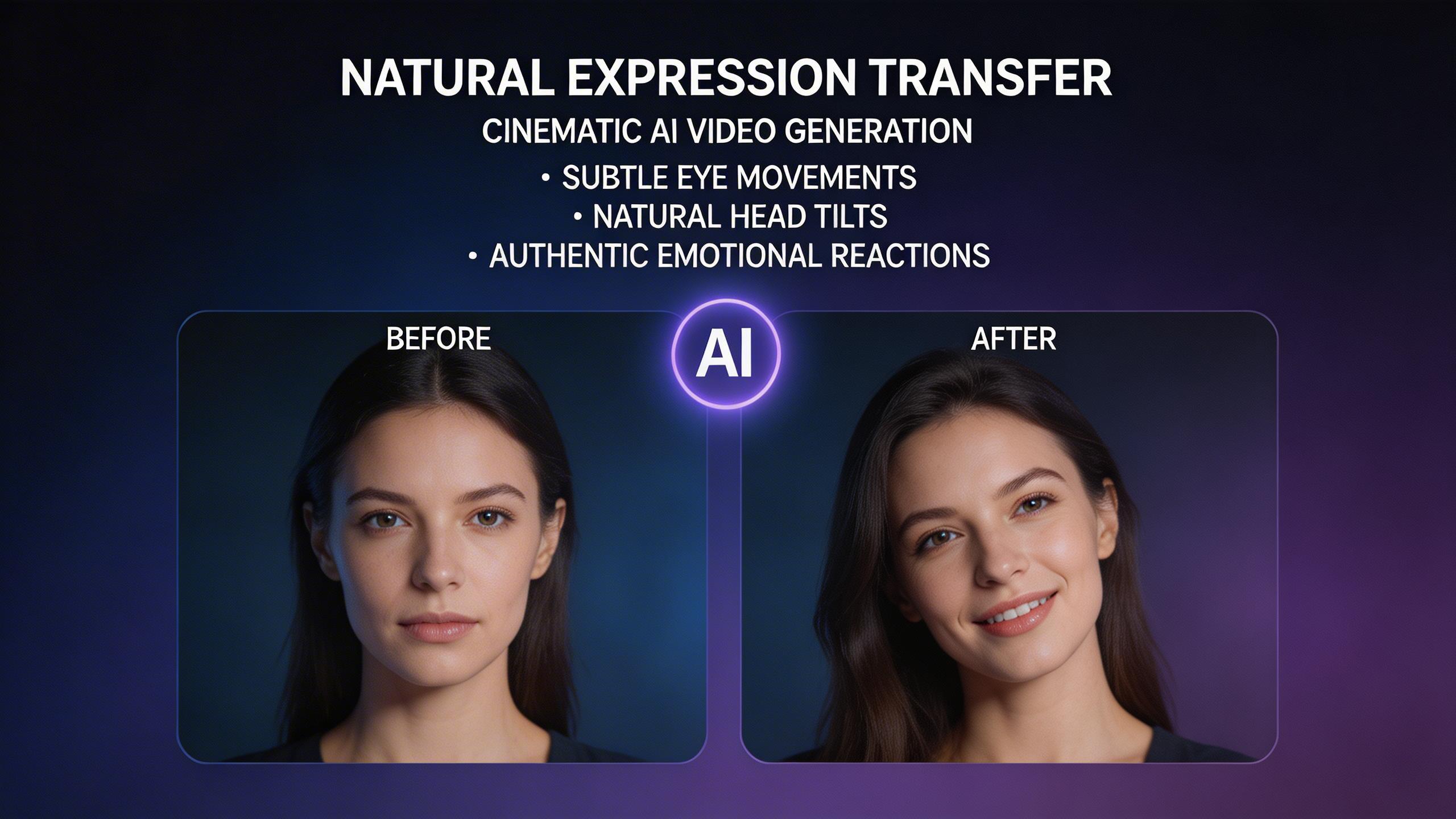 Natural Expression Transfer. Generates authentic facial expressions including subtle eye movements, head tilts, and emotional reactions for each person in the scene.