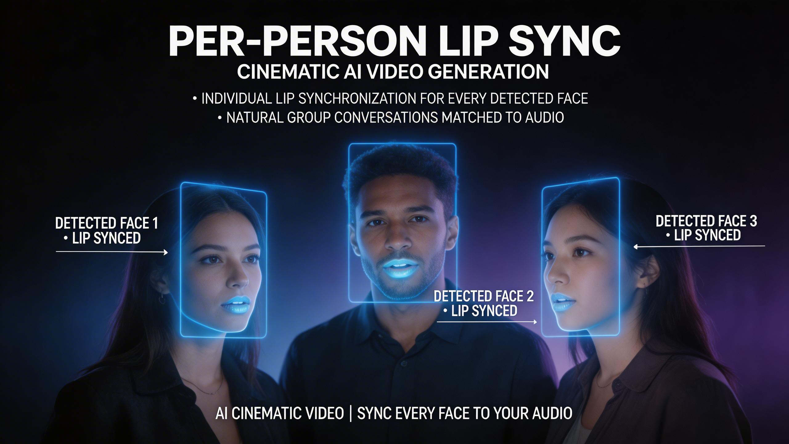 Per-Person Lip Sync. Each detected face gets individually synchronized lip movements matching the audio, creating natural-looking group conversations.