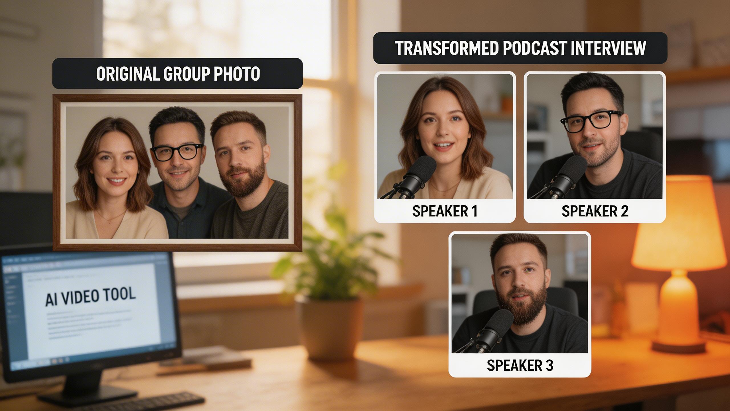 Podcast & Interview Videos. Turn a single group photo into a realistic podcast or interview-style video with multiple speakers.. Podcasters & Media
