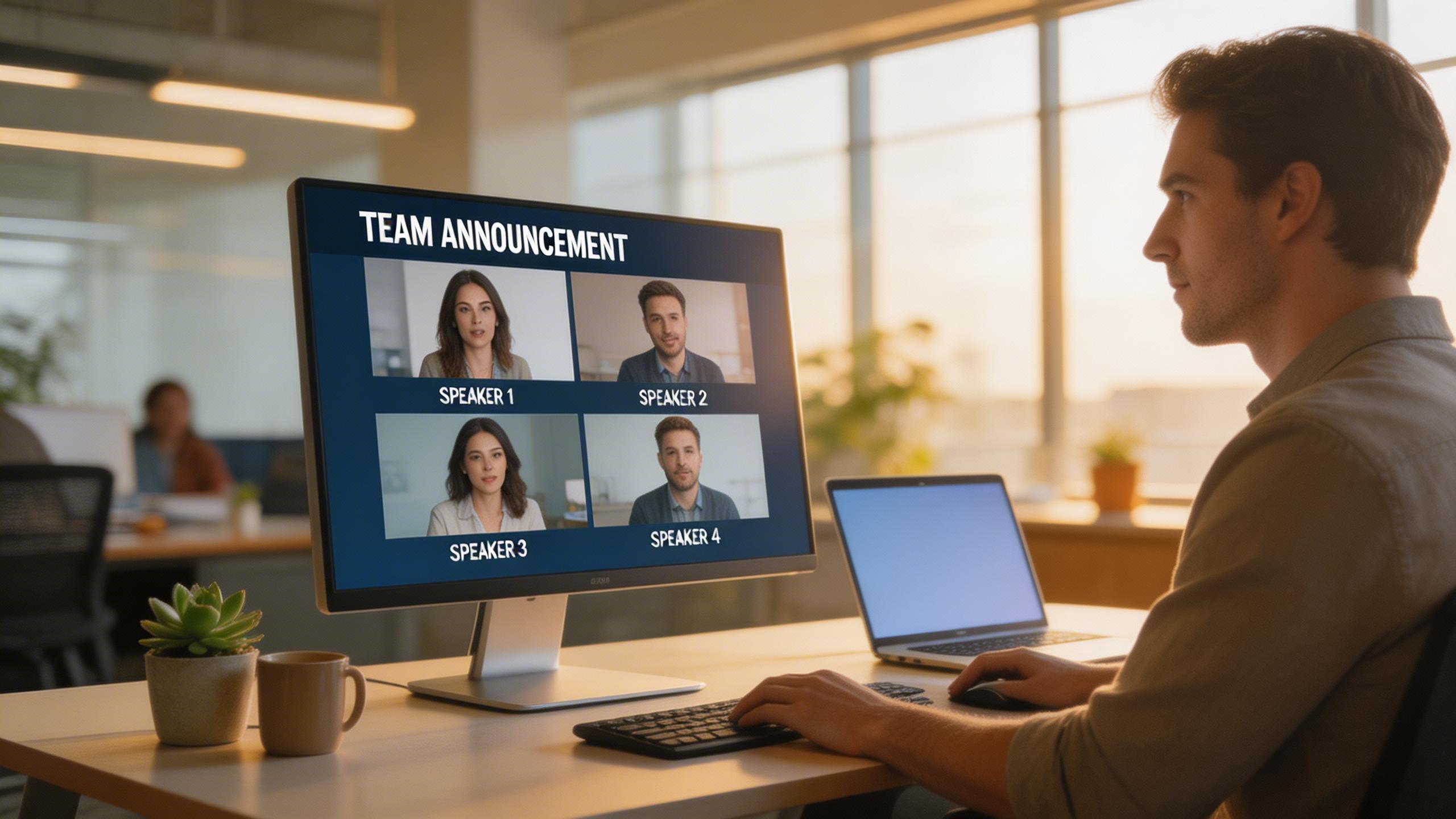 Team Announcements. Generate team-wide announcement videos featuring multiple speakers without scheduling everyone for a recording session.. Corporate Teams
