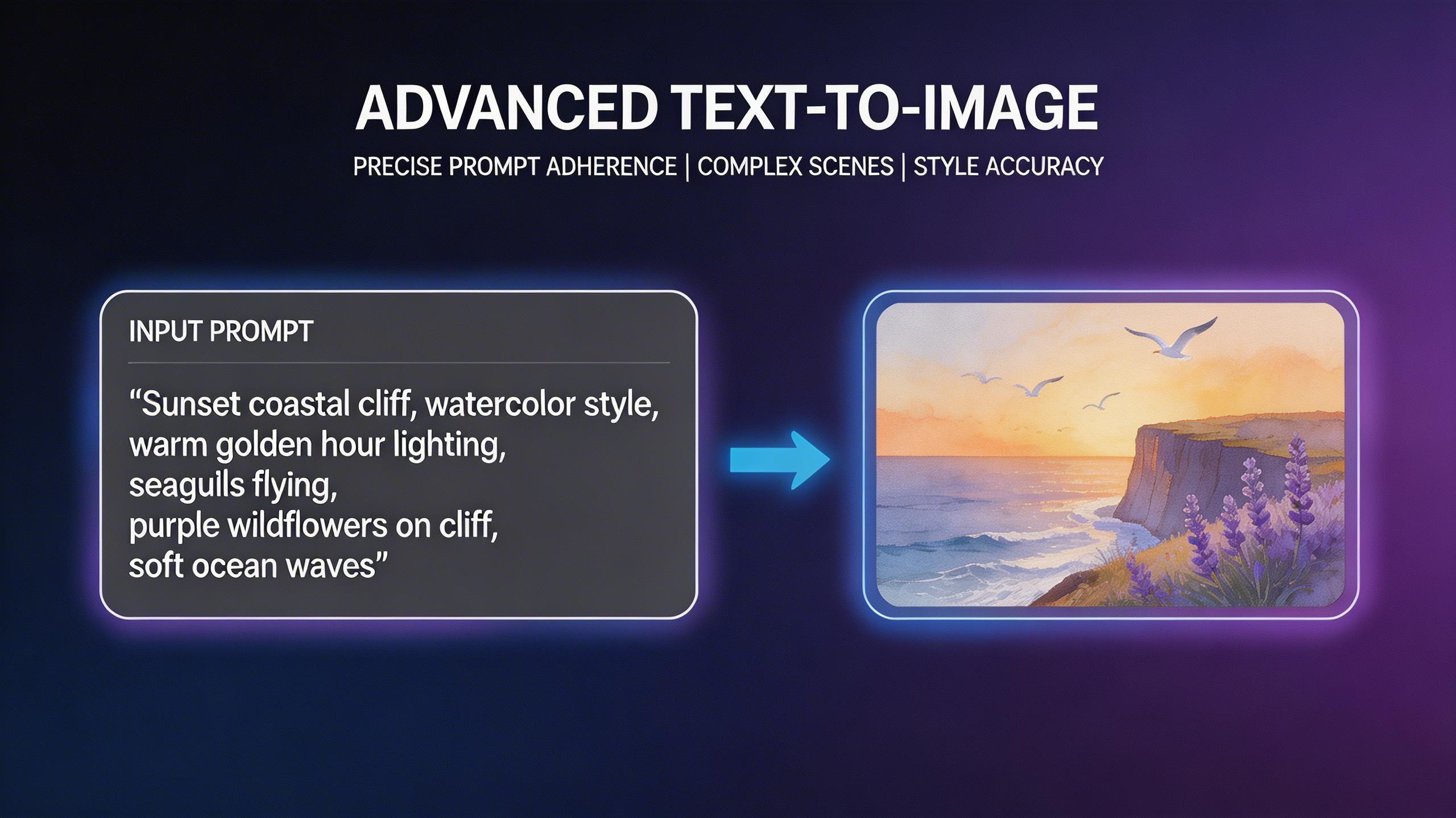 Advanced Text-to-Image. Transform detailed text descriptions into stunning visuals with superior prompt adherence. Complex multi-subject scenes, specific artistic styles, and...