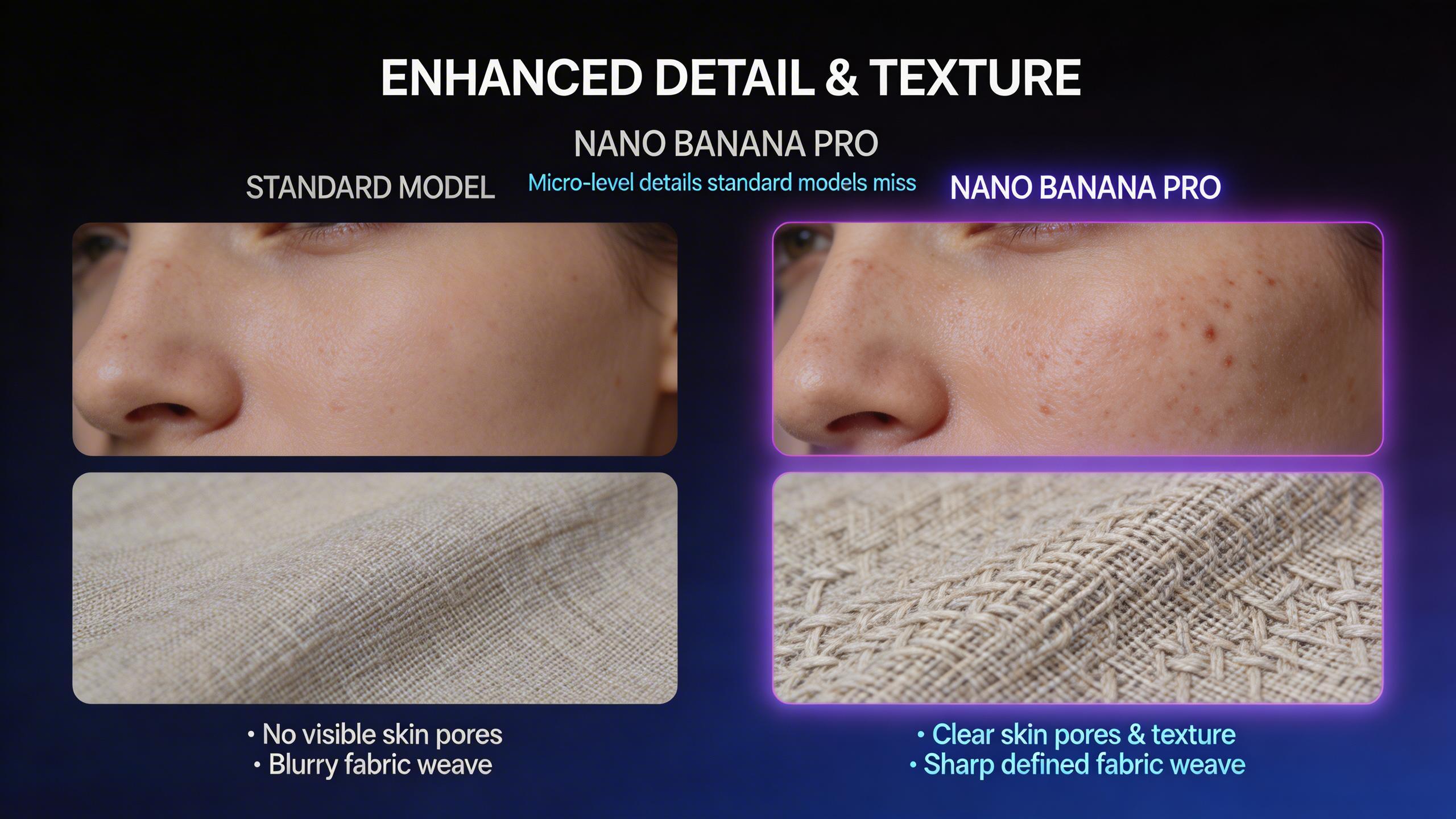 Enhanced Detail & Texture. From skin pores to fabric weave, Nano Banana Pro captures micro-level details that standard models miss. Perfect for close-up portraits, product...