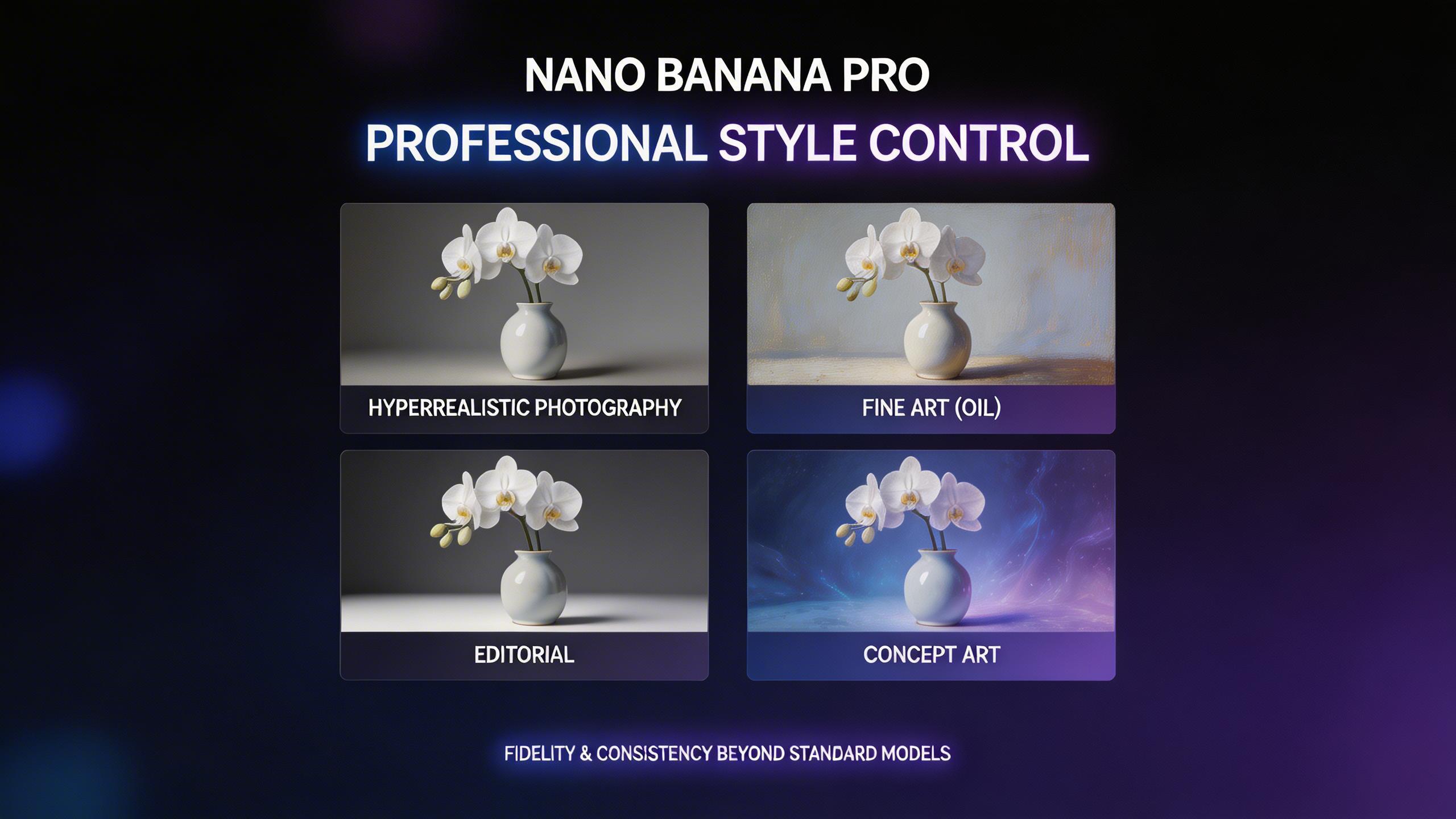 Professional Style Control. From hyperrealistic photography to fine art, editorial to concept art — Nano Banana Pro adapts to any artistic style with greater fidelity and...