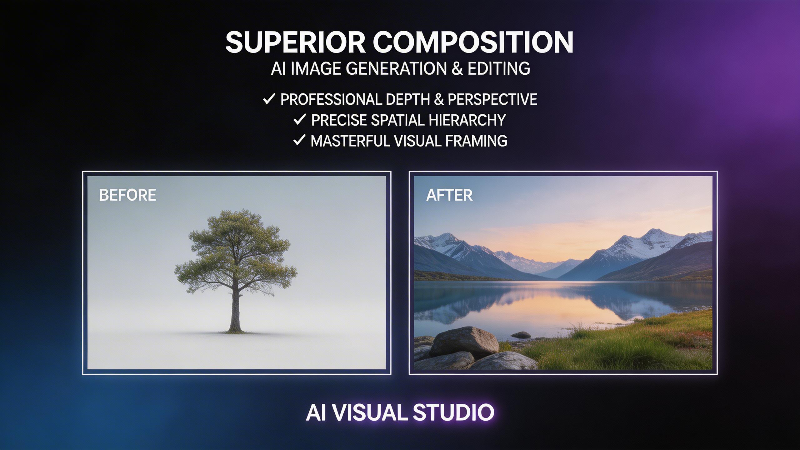 Superior Composition. Advanced understanding of visual composition, depth, perspective, and spatial relationships. Generates images with professional-level framing and visual...