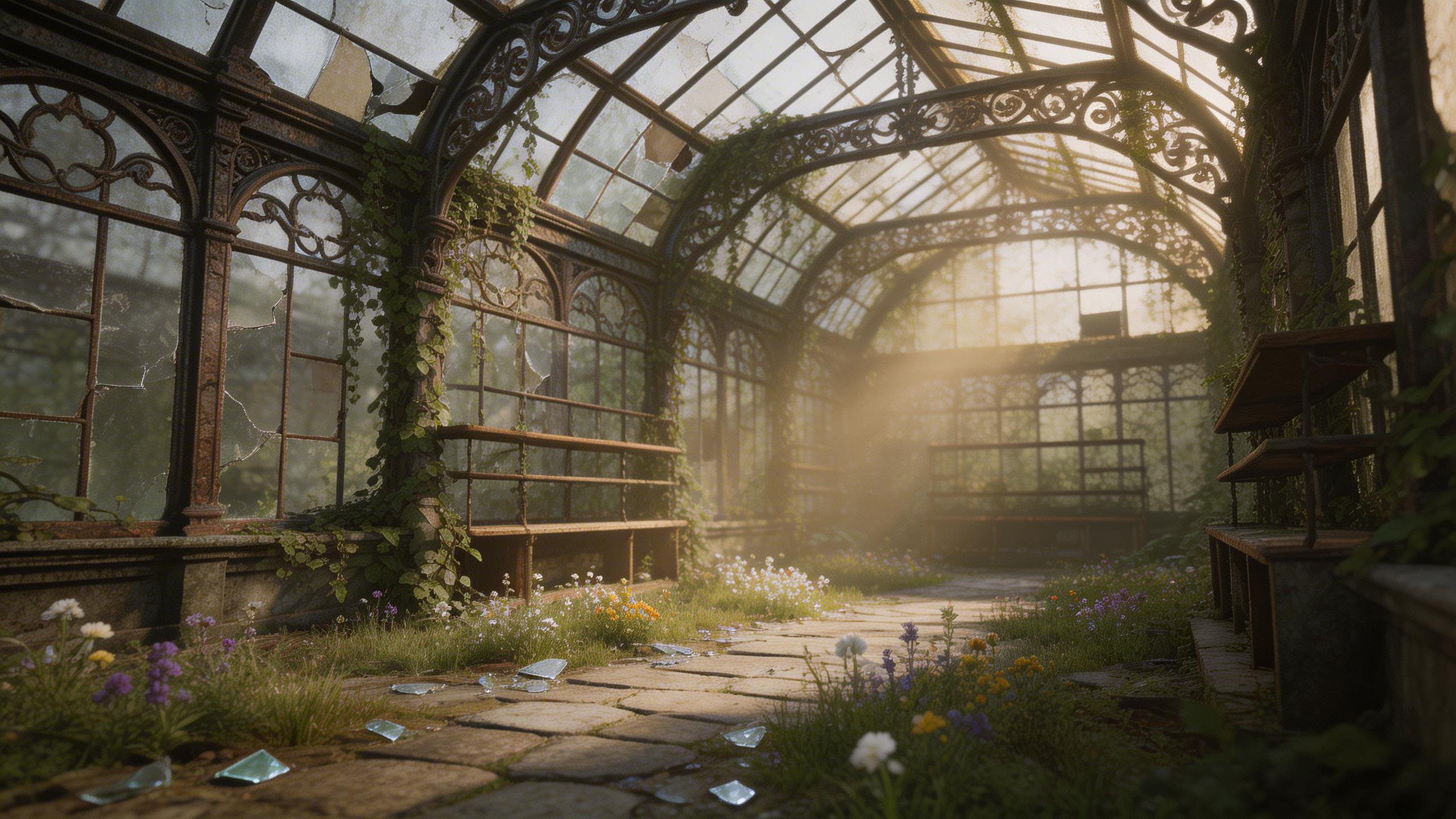 Mood & Atmosphere. Abandoned Victorian greenhouse reclaimed by nature, broken glass panels with vines growing through, shafts of dusty light, wildflowers on stone floor,...