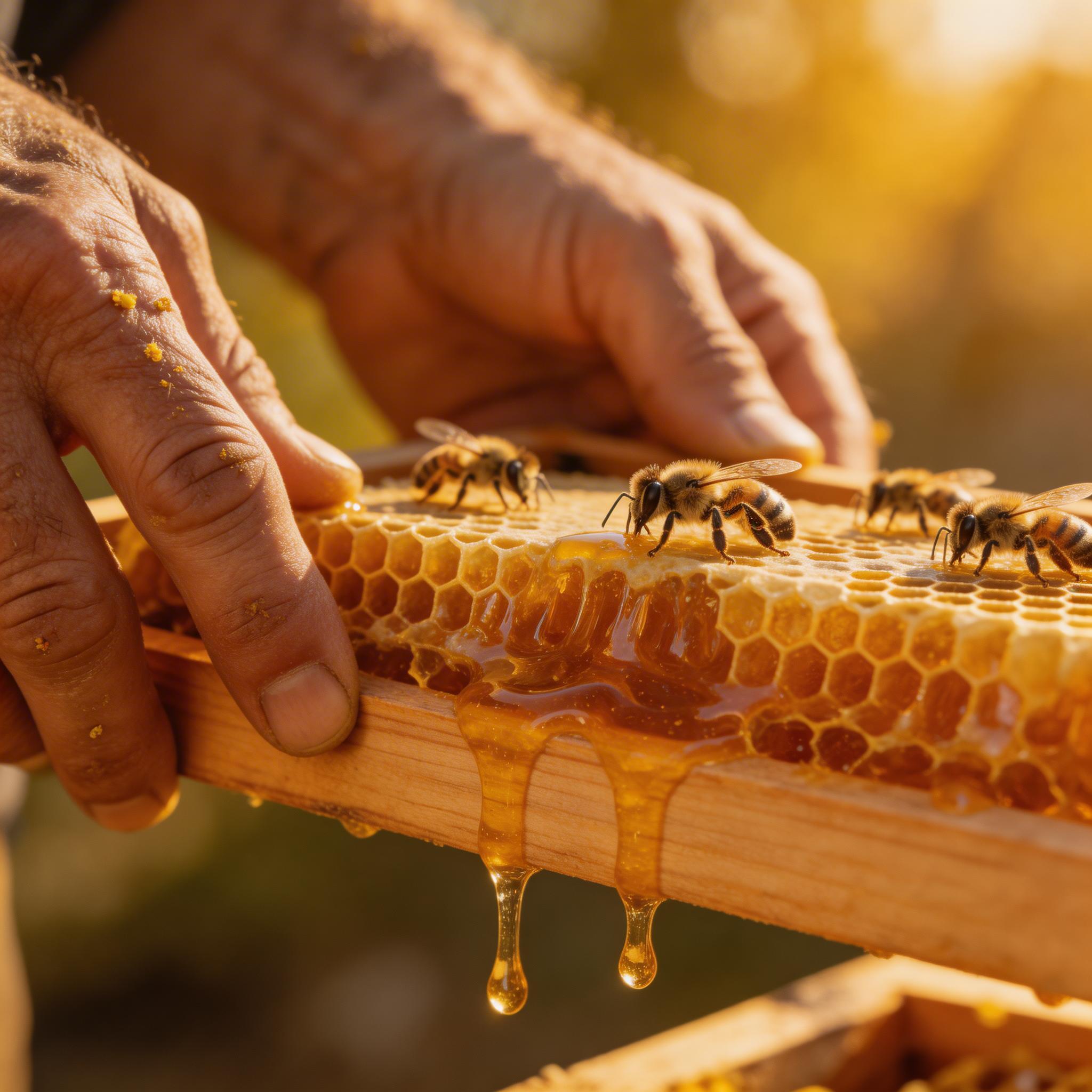 Hyperrealistic Detail. Extreme close-up of a beekeeper's weathered hands holding a honeycomb frame, golden honey dripping, individual bee legs visible, warm afternoon...