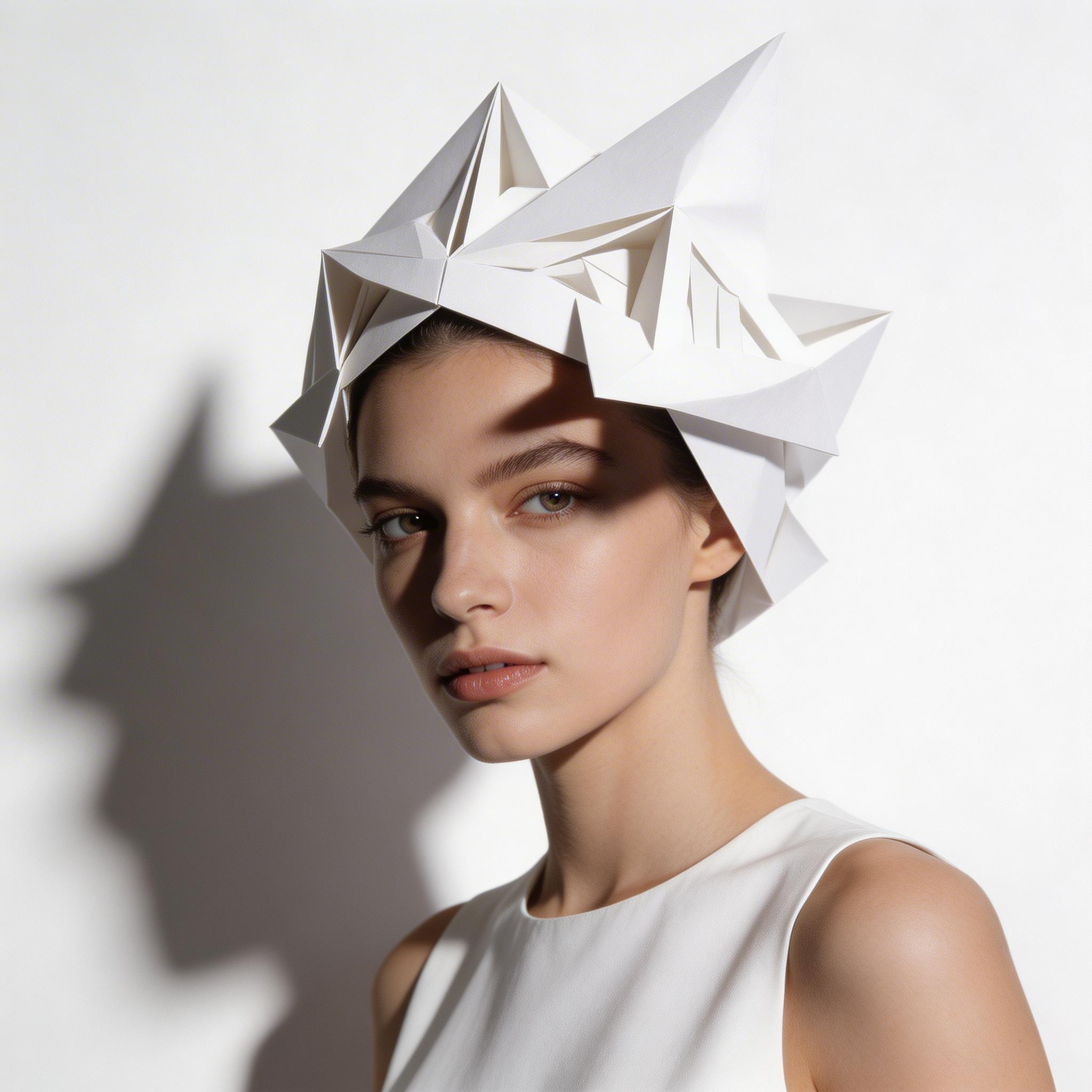 Editorial Style. High-fashion editorial portrait, model with architectural origami headpiece in pure white, stark minimalist studio, single directional light source creating...